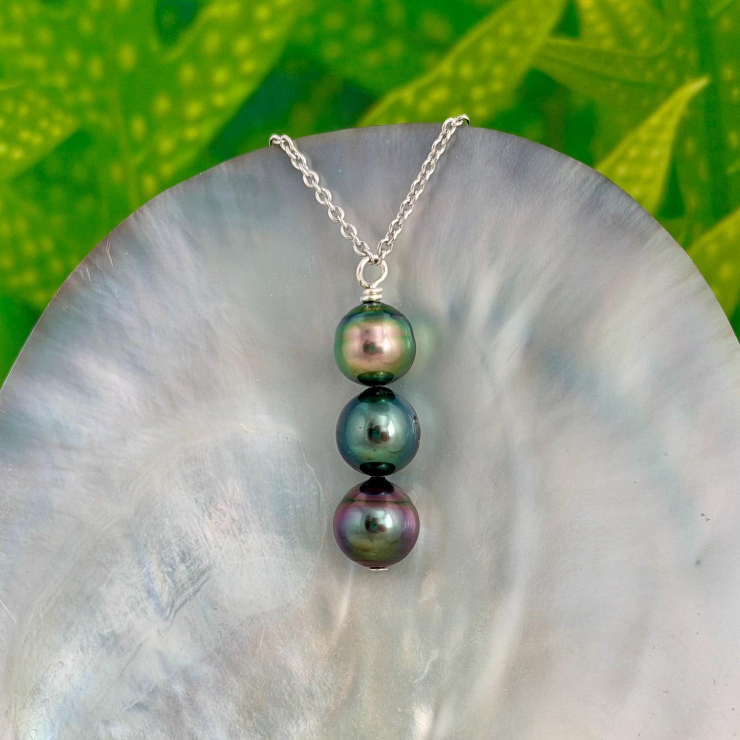 Tahitian Pearl Necklace • Triple • vertical bar • Blue, Peacock, Aubergine color • Sterling silver