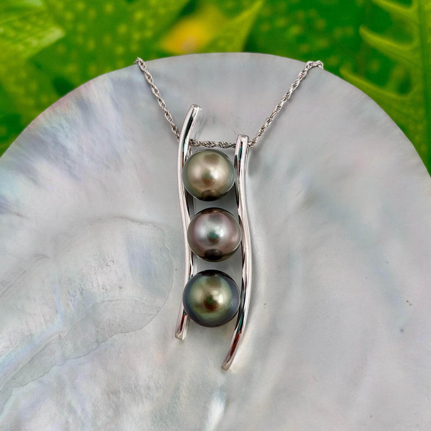 Triple Tahitian Pearl Necklace • RARE colorful pendant • Sterling silver • Golden Pistachio, Pink and Green