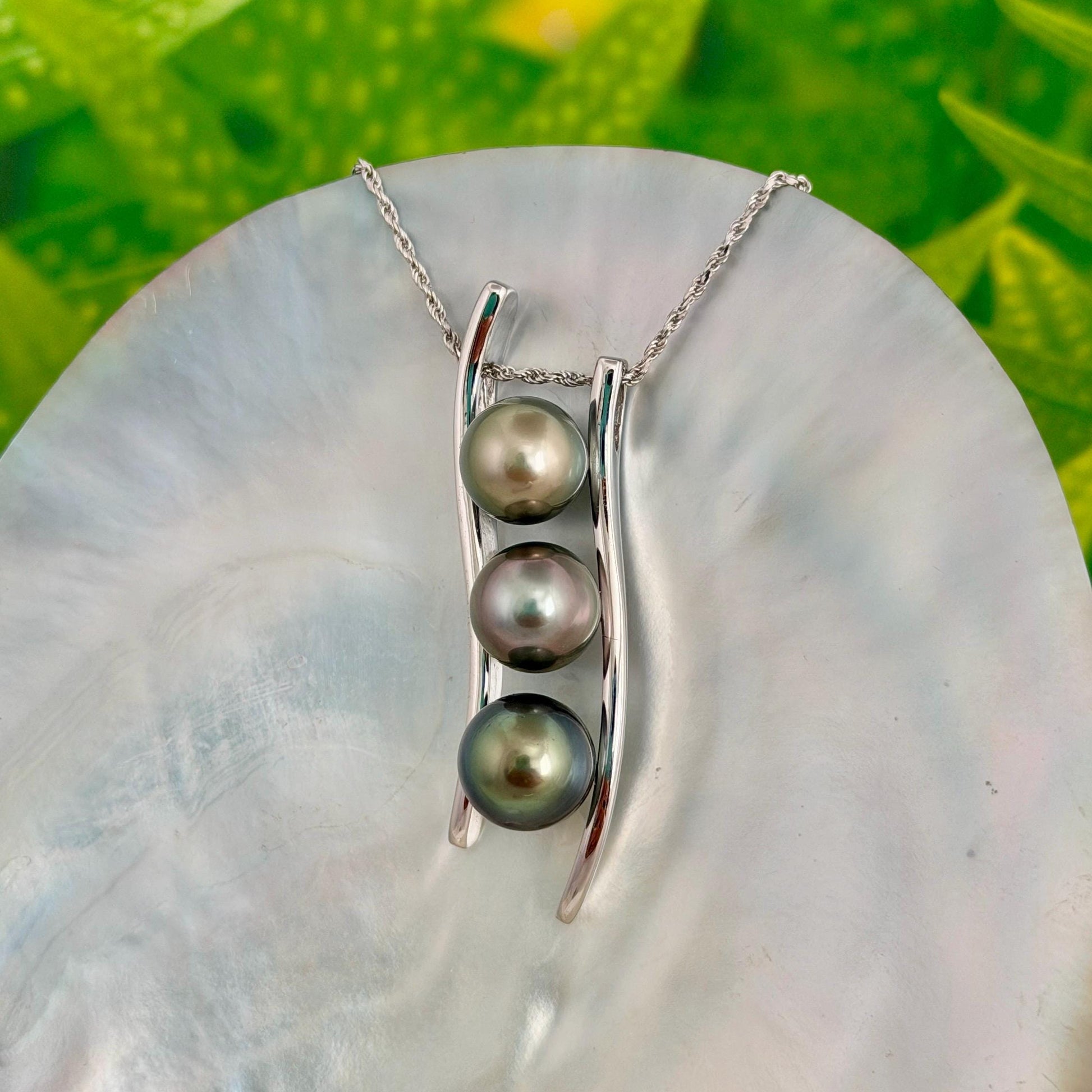 Triple Tahitian Pearl Necklace • RARE colorful pendant • Sterling silver • Golden Pistachio, Pink and Green