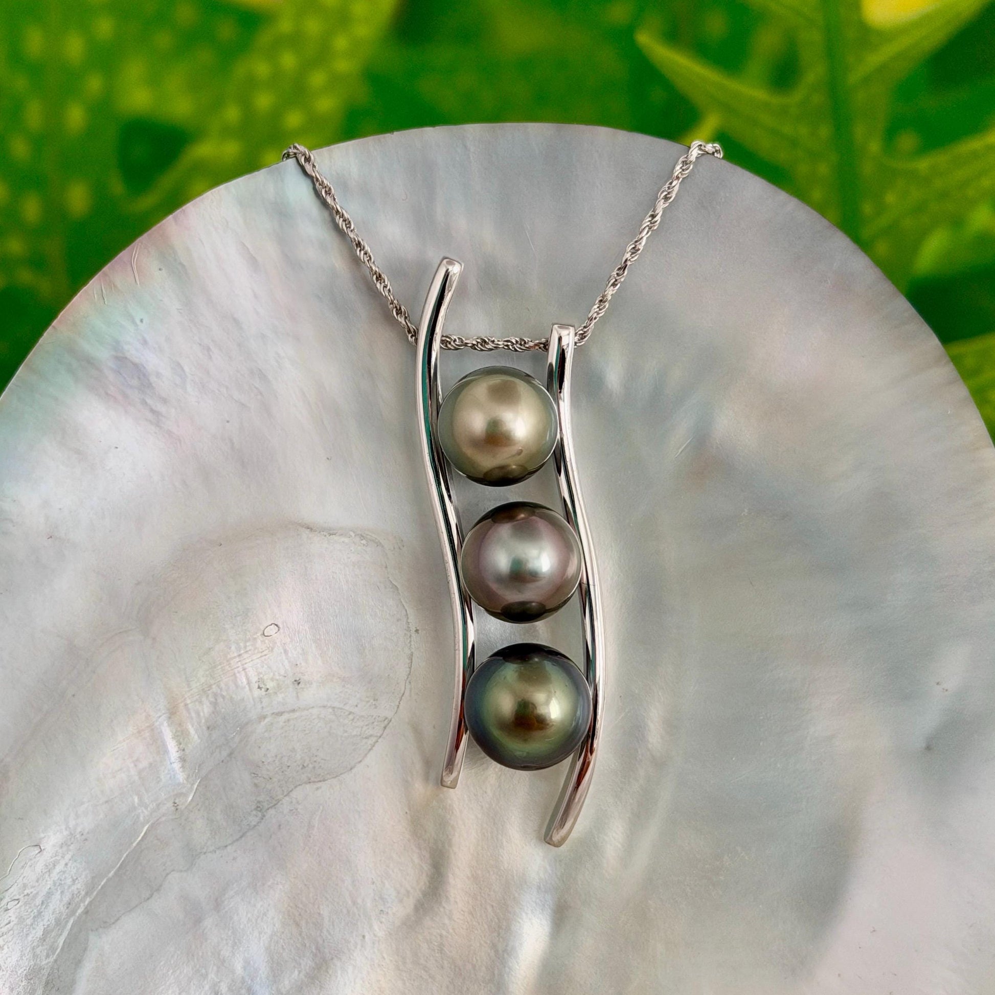 Triple Tahitian Pearl Necklace • RARE colorful pendant • Sterling silver • Golden Pistachio, Pink and Green