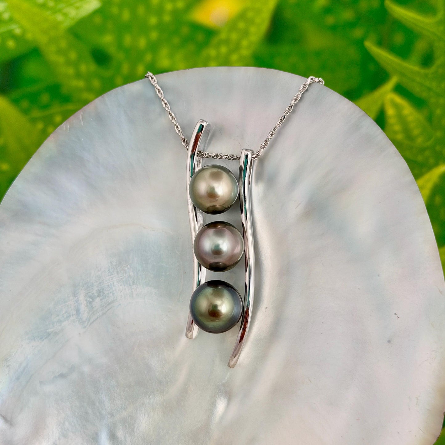 Triple Tahitian Pearl Necklace • RARE colorful pendant • Sterling silver • Golden Pistachio, Pink and Green