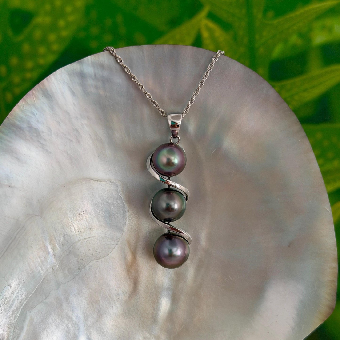 Tahitian pearl pendant • Triple drop jewelry design • Sterling silver swirl design