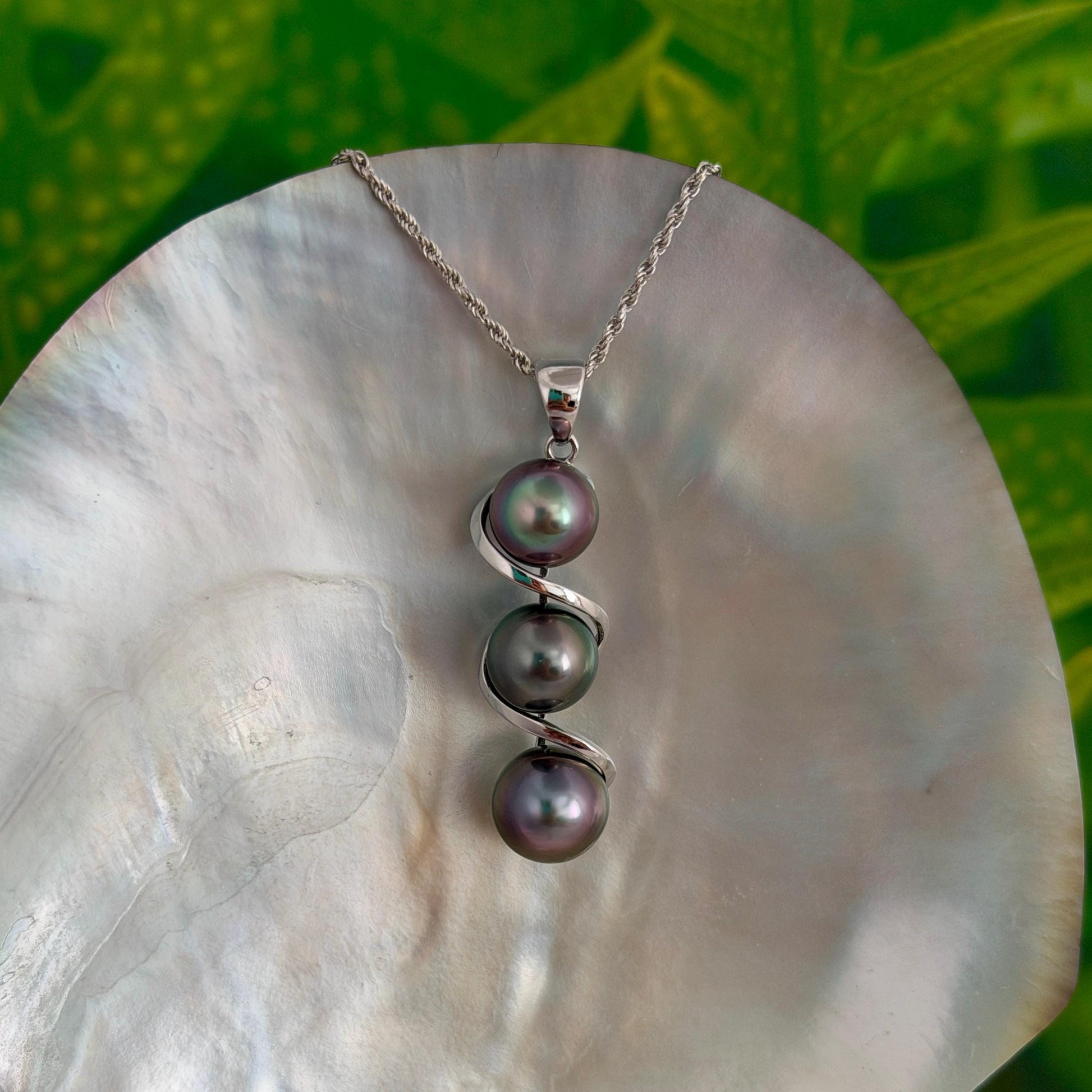 Tahitian pearl pendant • Triple drop jewelry design • Sterling silver swirl design