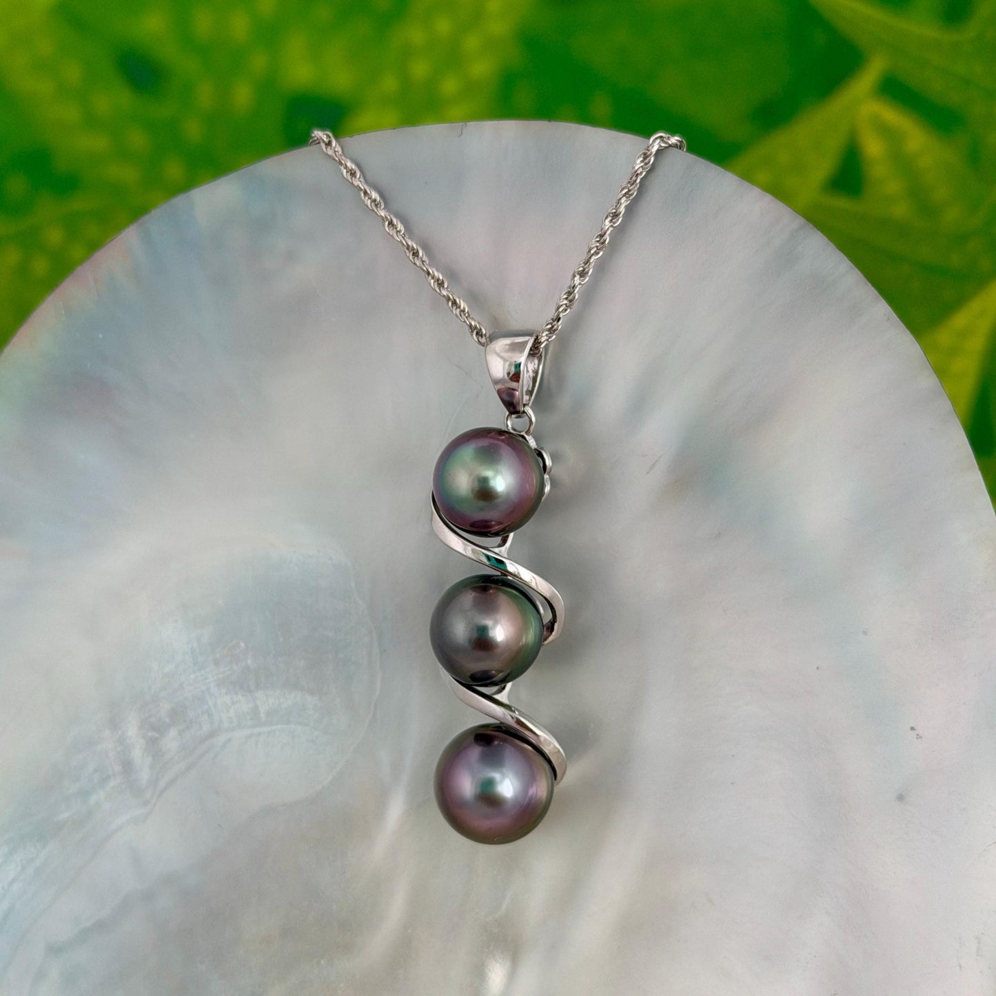 Tahitian pearl pendant • Triple drop jewelry design • Sterling silver swirl design