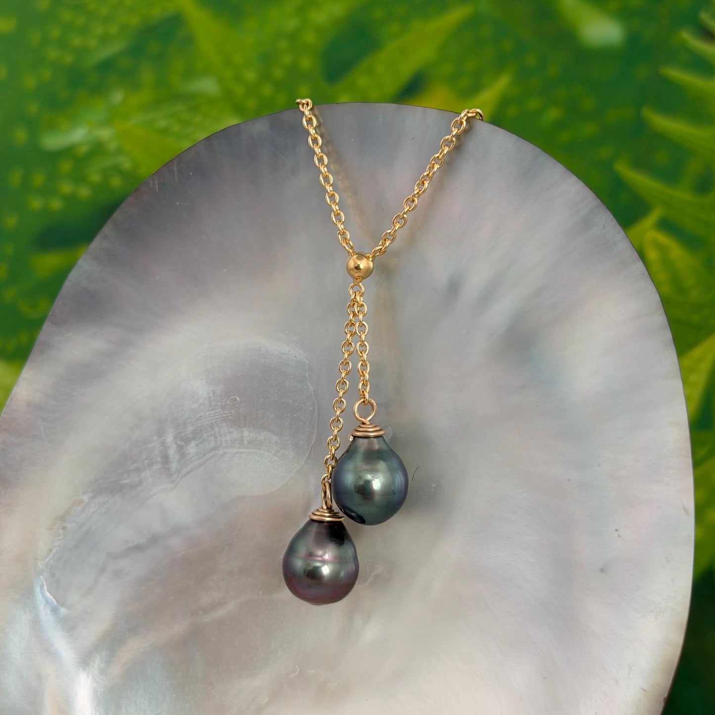 Tahitian Pearl Necklace • Double Drop Lariat Design • Pink Aubergine Blue color