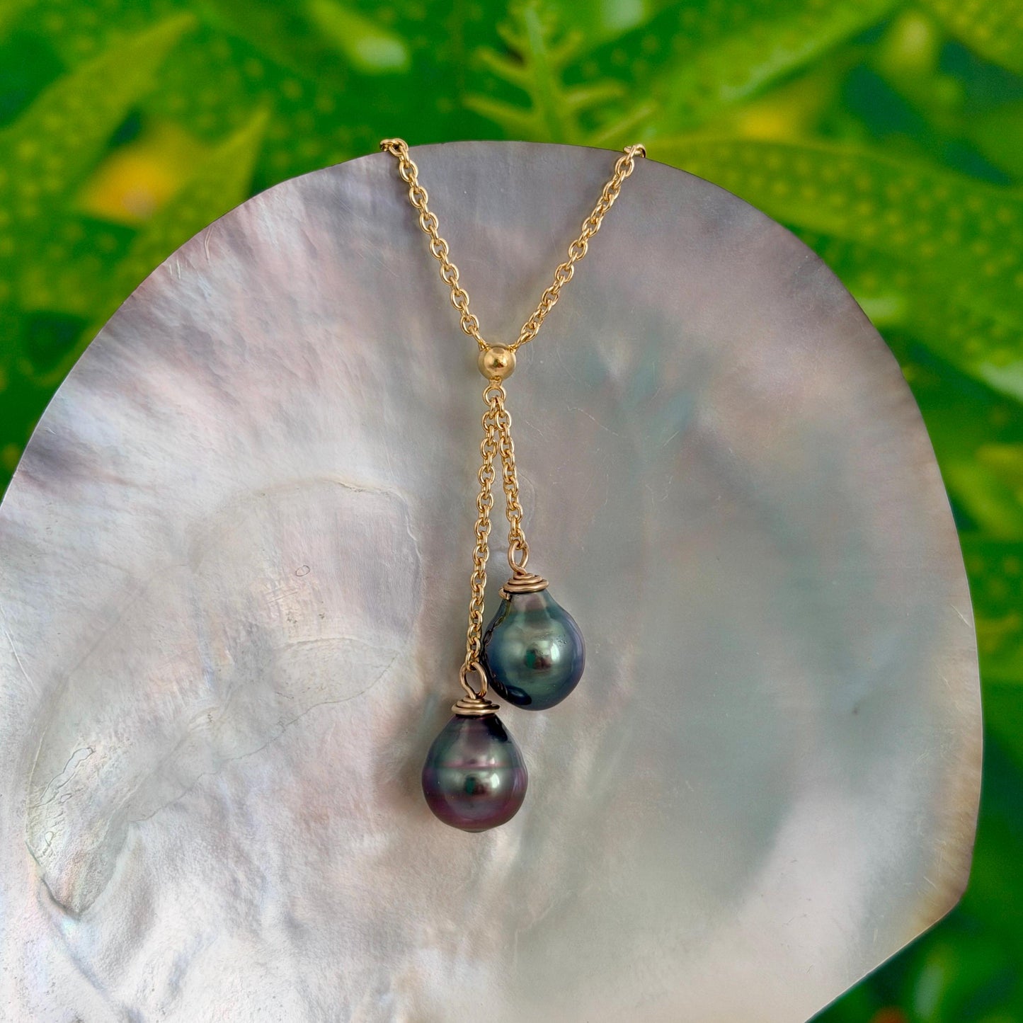Tahitian Pearl Necklace • Double Drop Lariat Design • Pink Aubergine Blue color