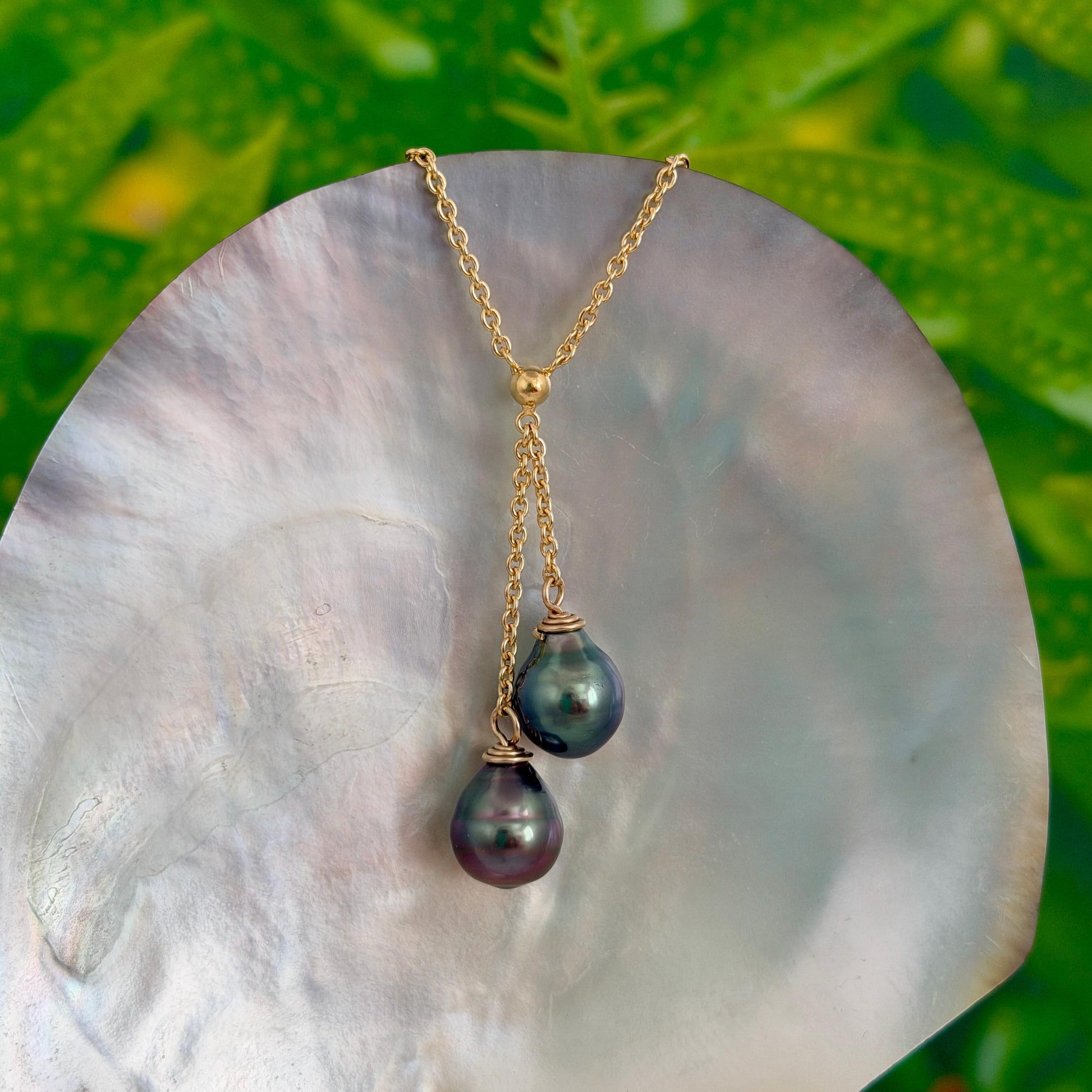 Tahitian Pearl Necklace • Double Drop Lariat Design • Pink Aubergine Blue color