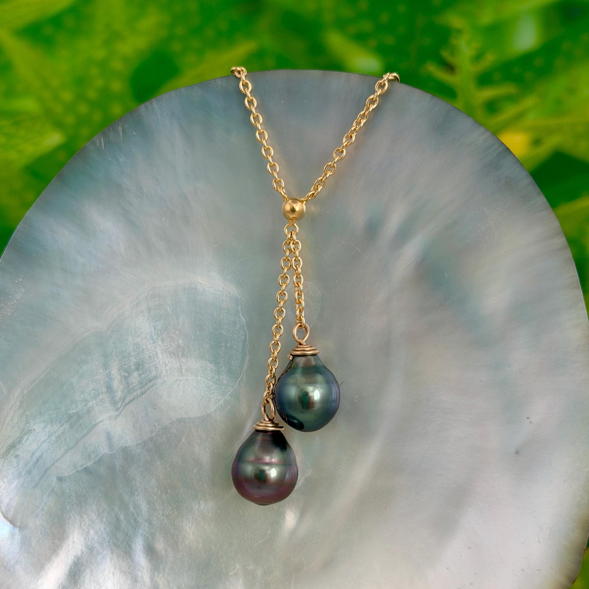 Tahitian Pearl Necklace • Double Drop Lariat Design • Pink Aubergine Blue color