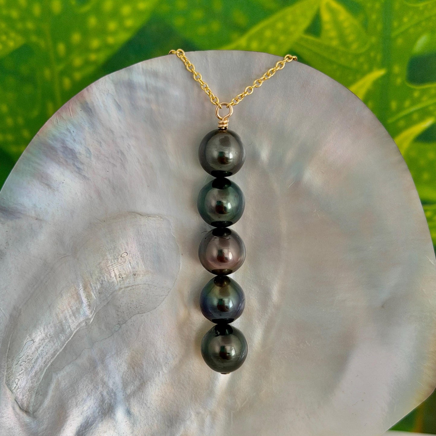 Tahitian Pearl Necklace – Gold filled • 5 Pearl Vertical Drop.