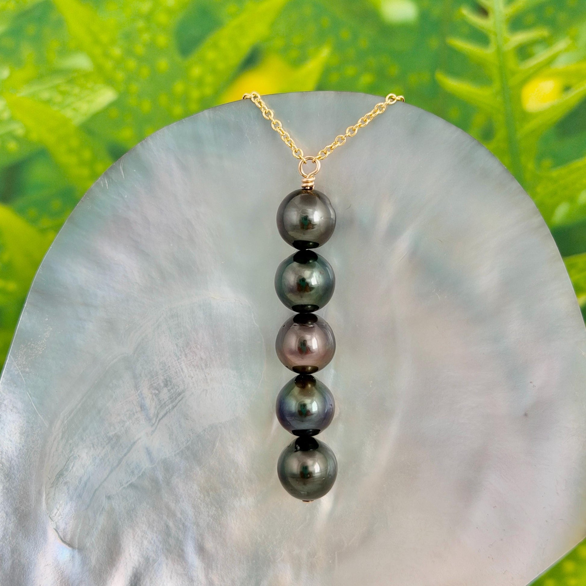 Tahitian Pearl Necklace – Gold filled • 5 Pearl Vertical Drop.