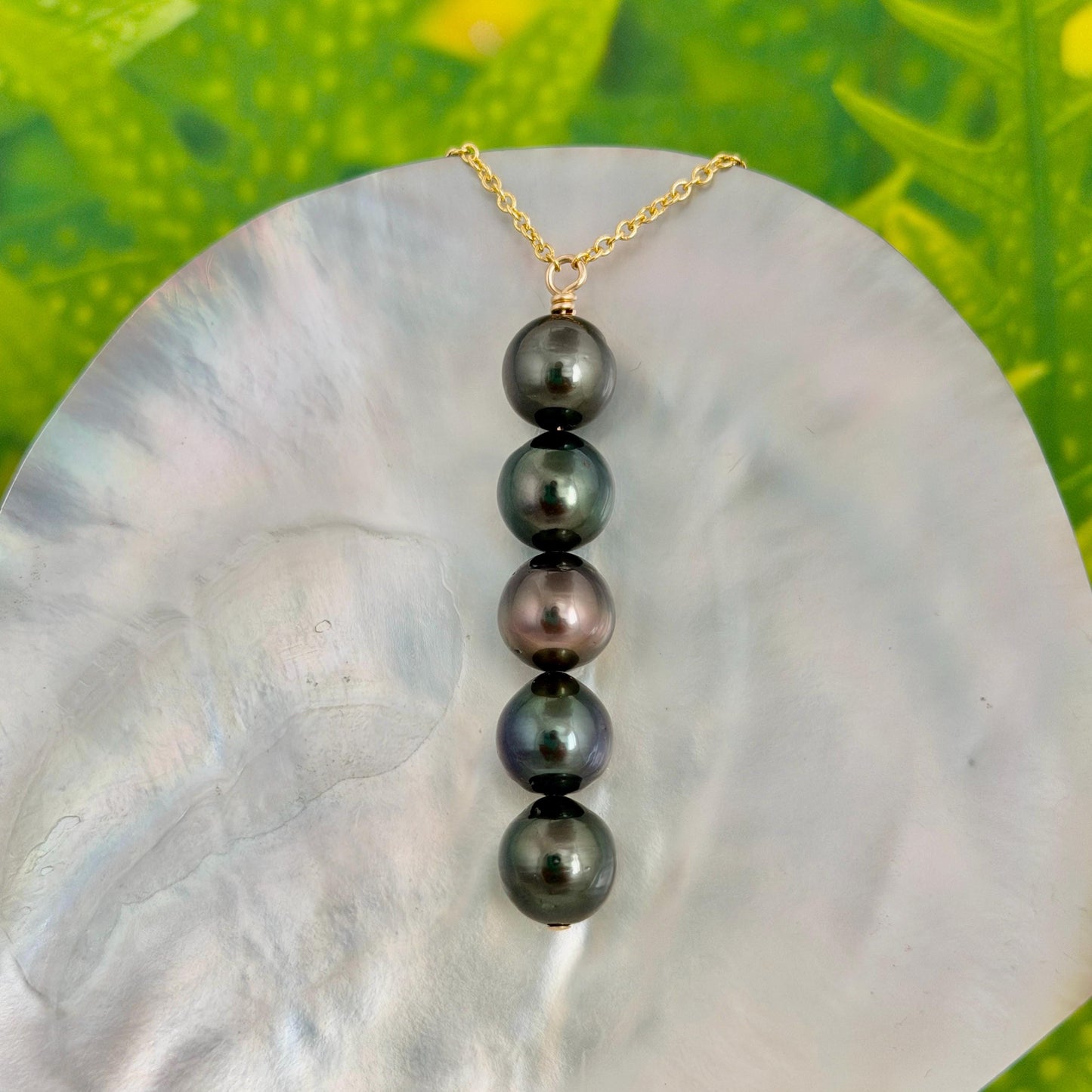 Tahitian Pearl Necklace – Gold filled • 5 Pearl Vertical Drop.