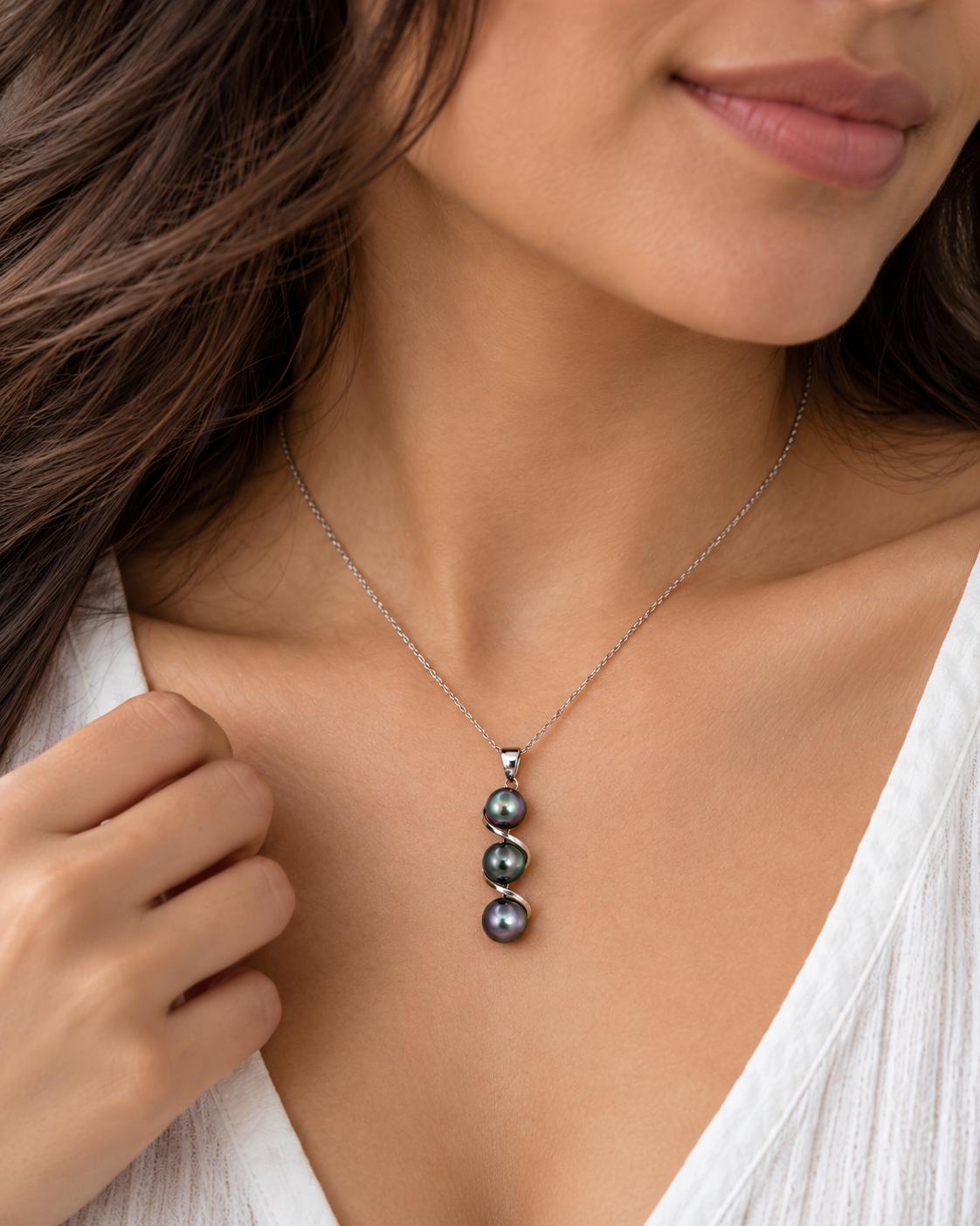 Tahitian pearl pendant • Triple drop jewelry design • Sterling silver swirl design