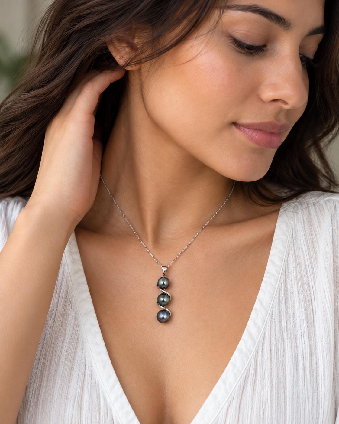 Tahitian pearl pendant • Triple drop jewelry design • Sterling silver swirl design