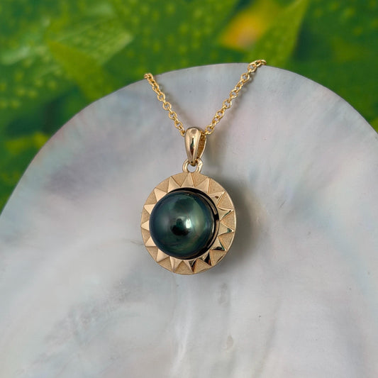 Tahitian Pearl Necklace • Sun Design Pendant in Gold Vermeil with Peacock Pearl
