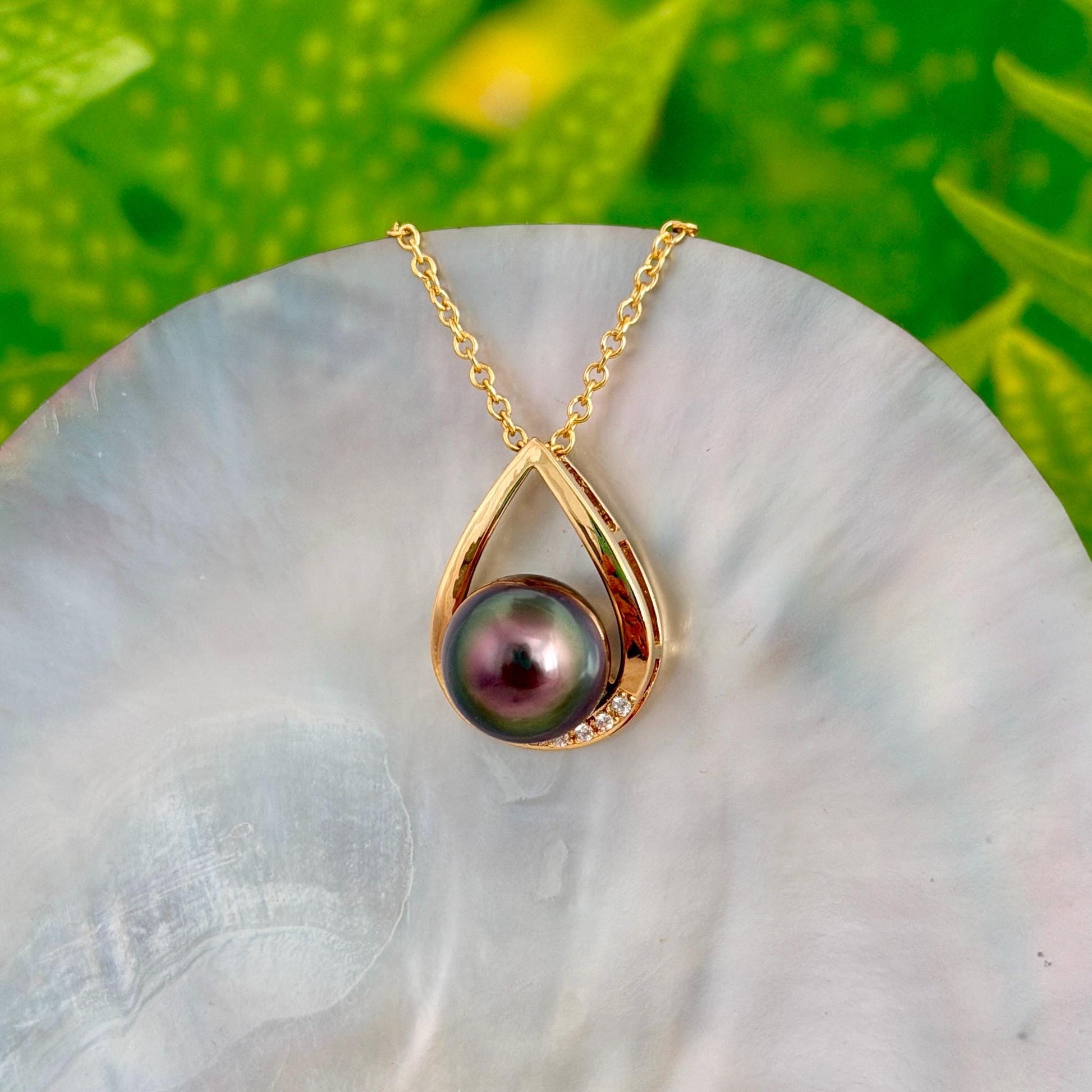 Tahitian pearl pendant • peacock color • teardrop necklace with CZ