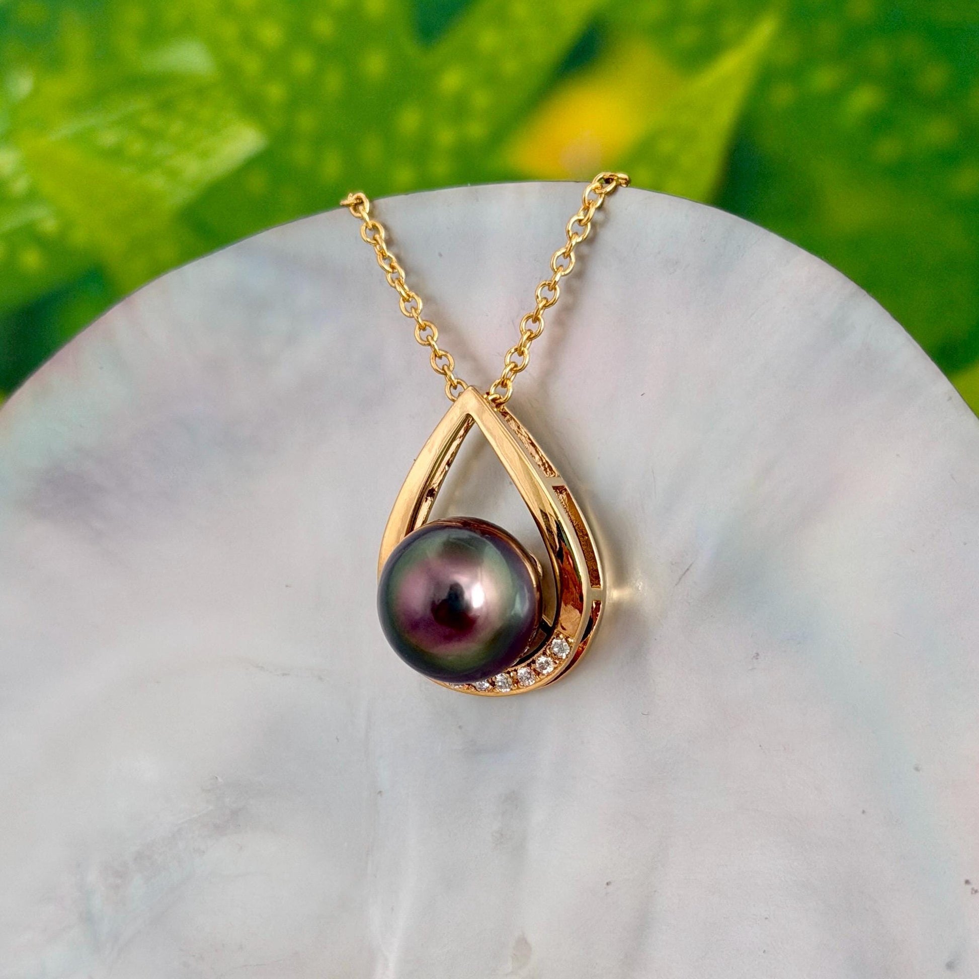 Tahitian pearl pendant • peacock color • teardrop necklace with CZ
