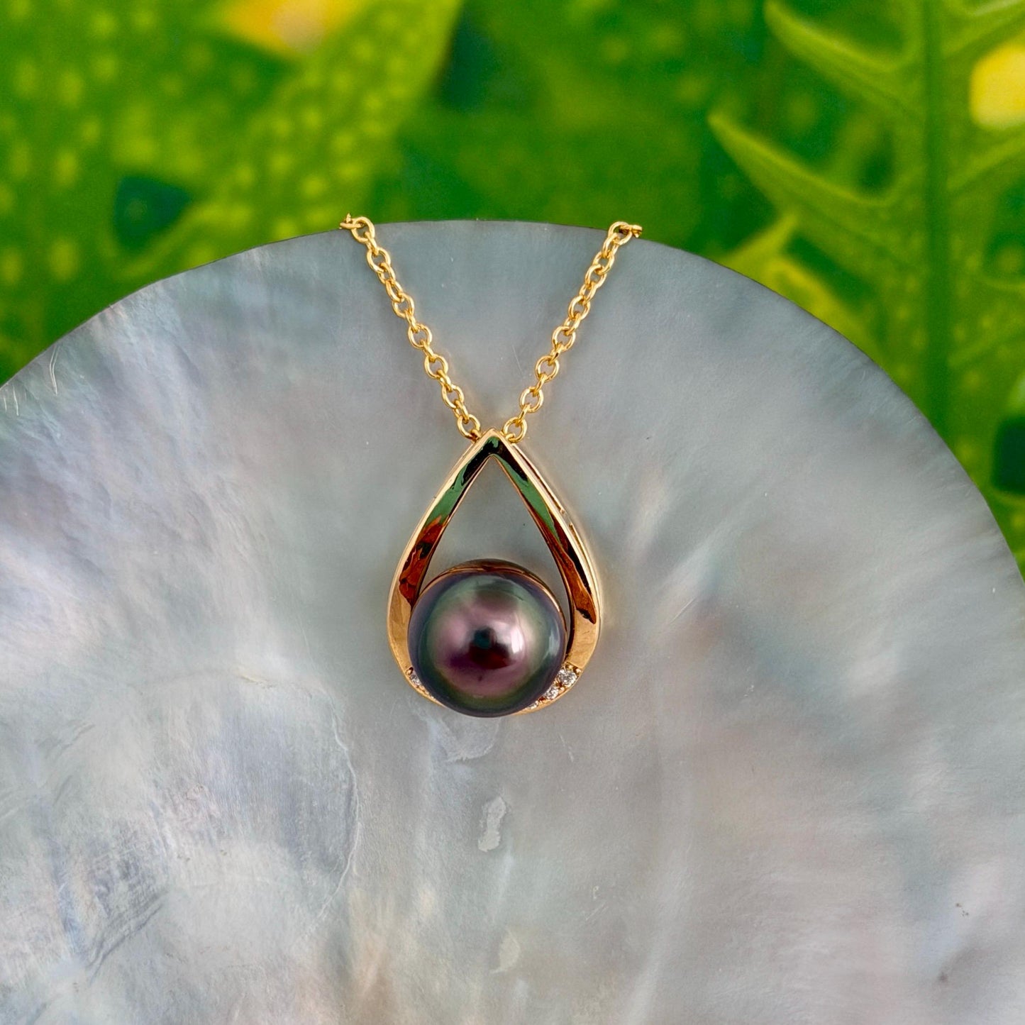 Tahitian pearl pendant • peacock color • teardrop necklace with CZ