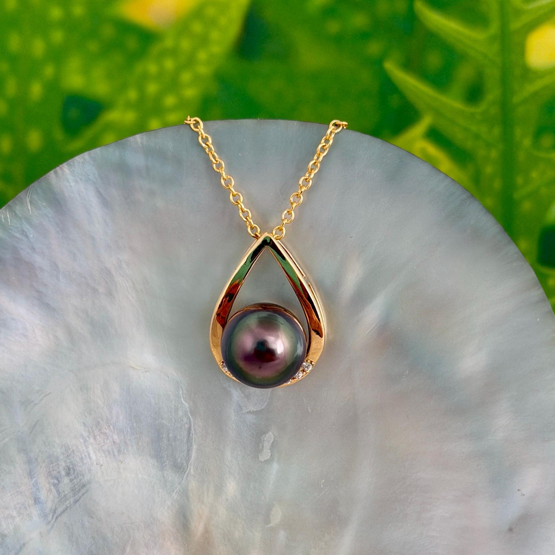Tahitian pearl pendant • peacock color • teardrop necklace with CZ