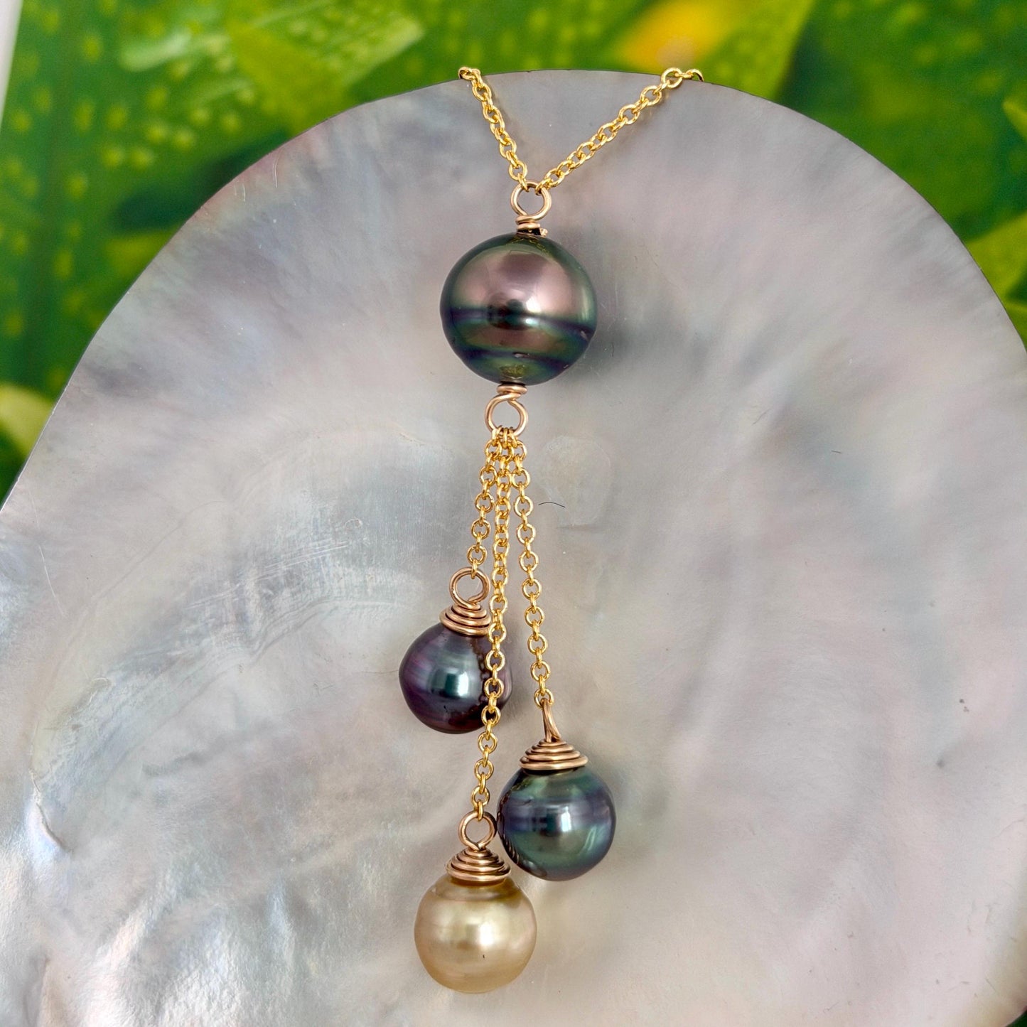 Tahitian pearl necklace • Multi drop design with four pearls • Gold filled
