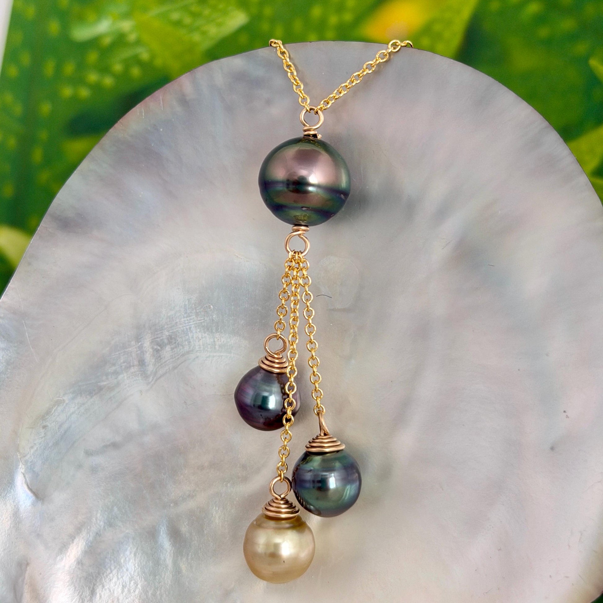Tahitian pearl necklace • Multi drop design with four pearls • Gold filled