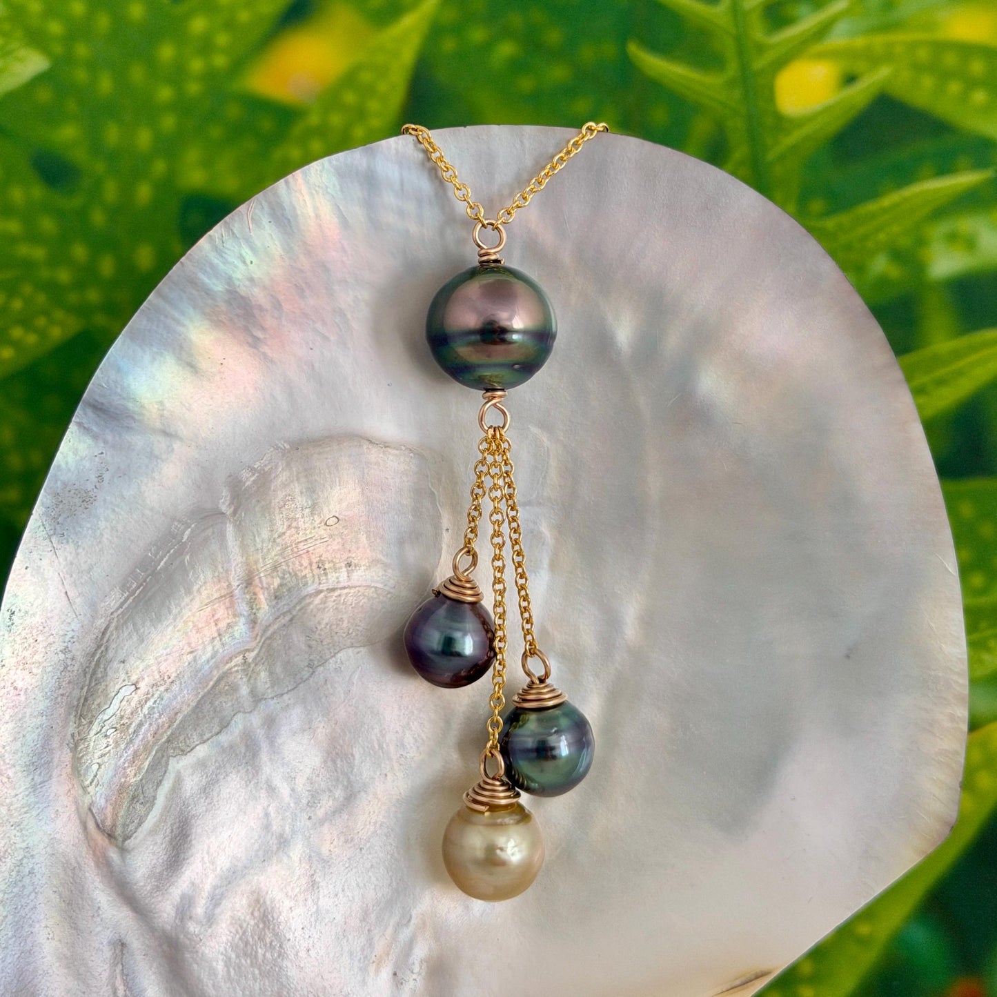Tahitian pearl necklace • Multi drop design with four pearls • Gold filled