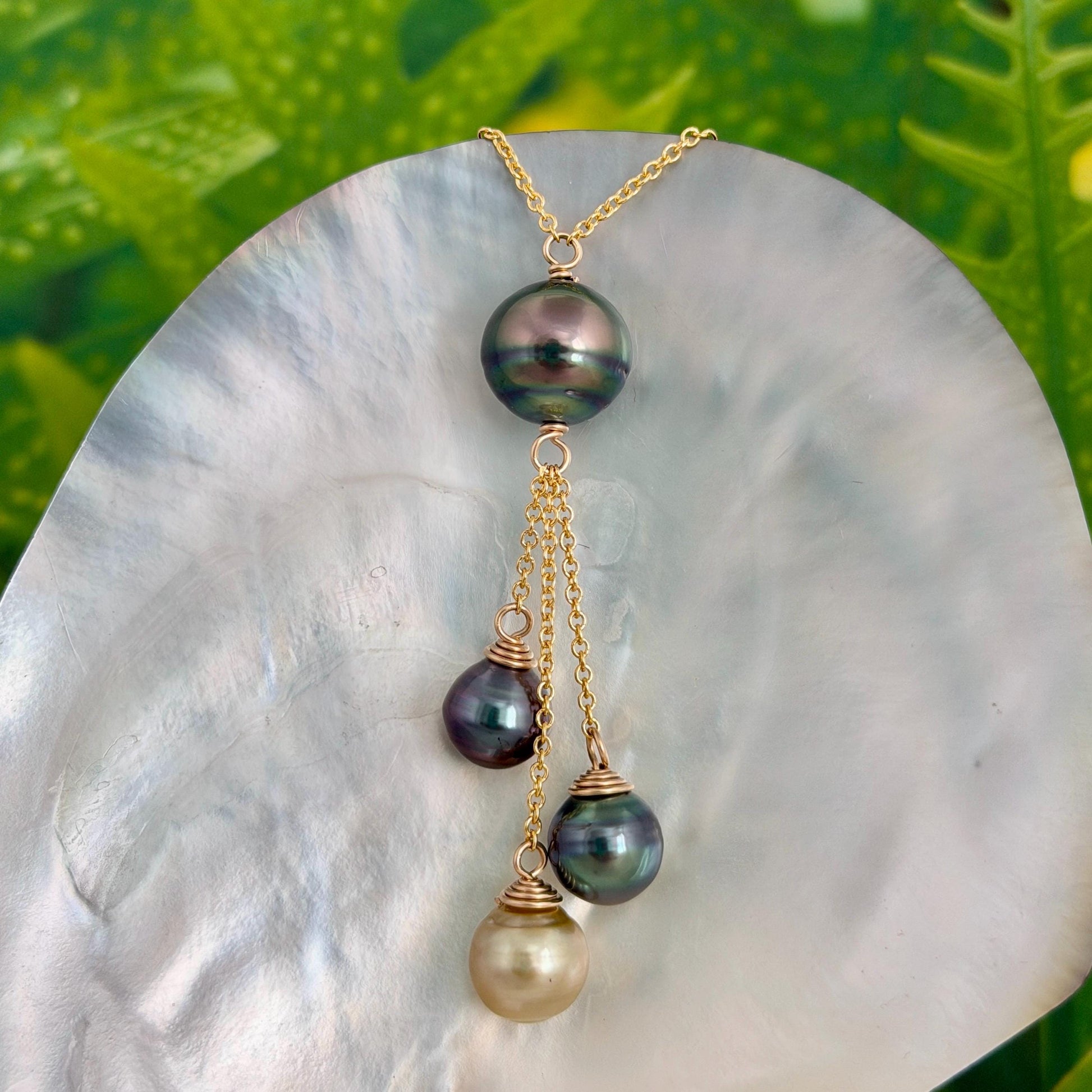 Tahitian pearl necklace • Multi drop design with four pearls • Gold filled
