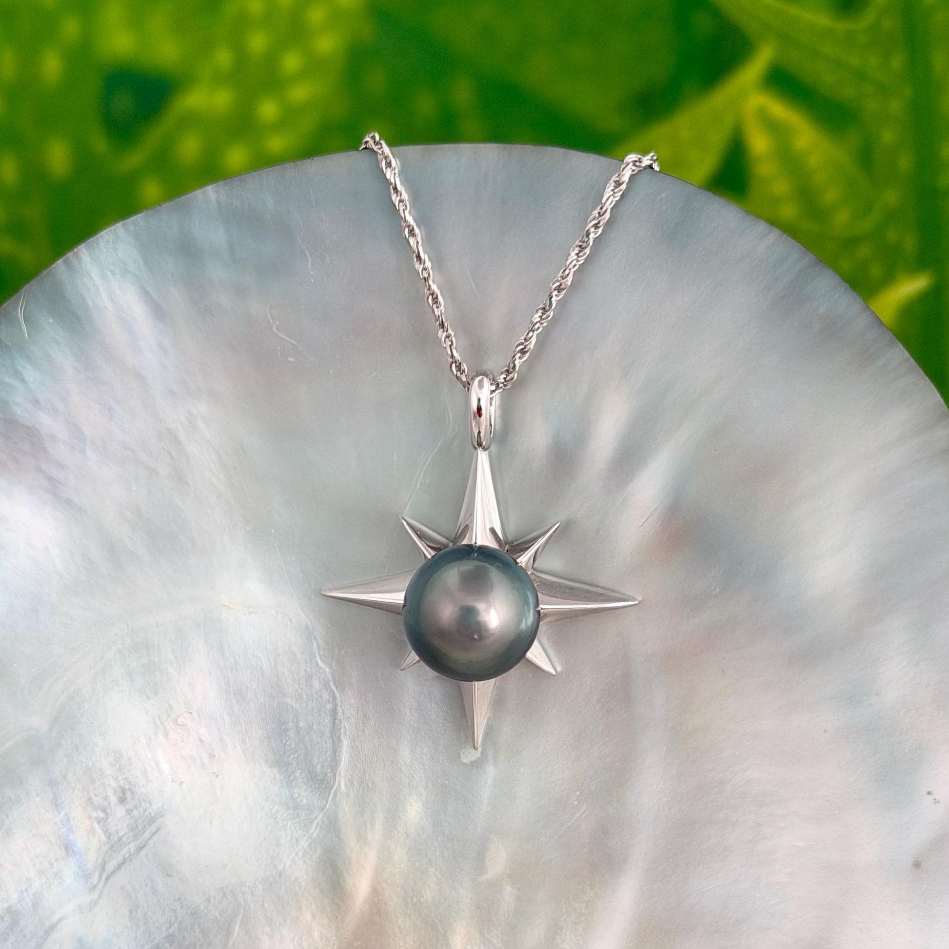 Tahitian Pearl Star Necklace: Sterling Silver Starburst Pendant, Hawaiian Jewelry