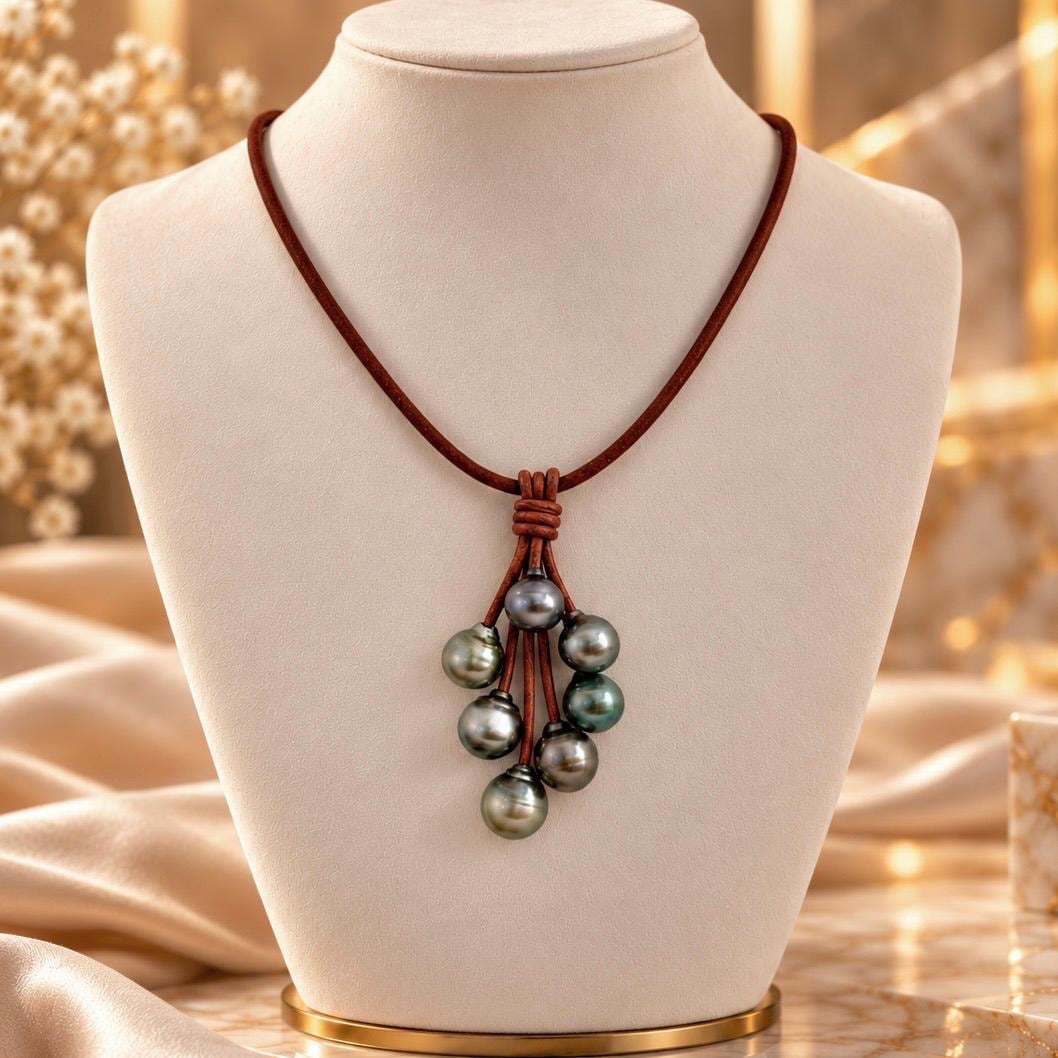 Tahitian Pearl Cluster Necklace: Leather Cord, Stainless Clasp
