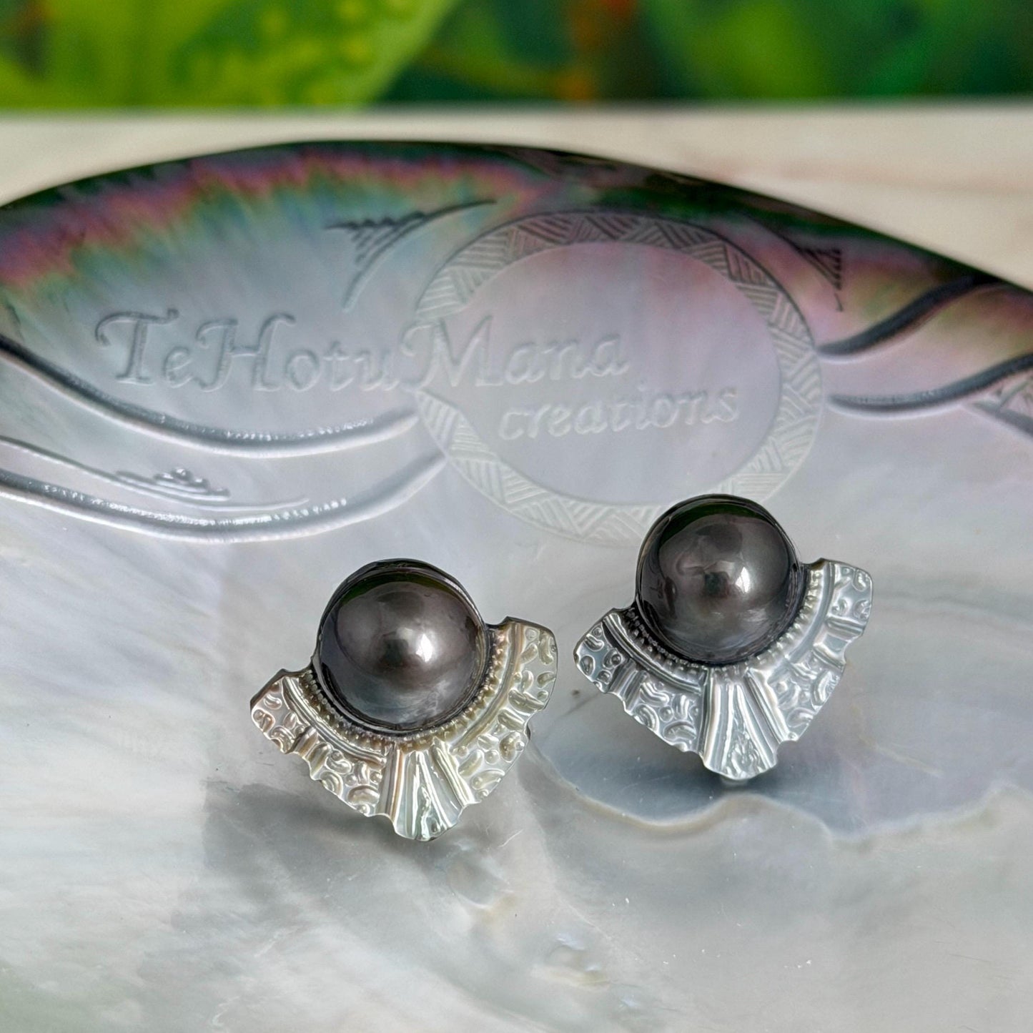 Mother of Pearl Stud earrings • shell • Carved jewelry