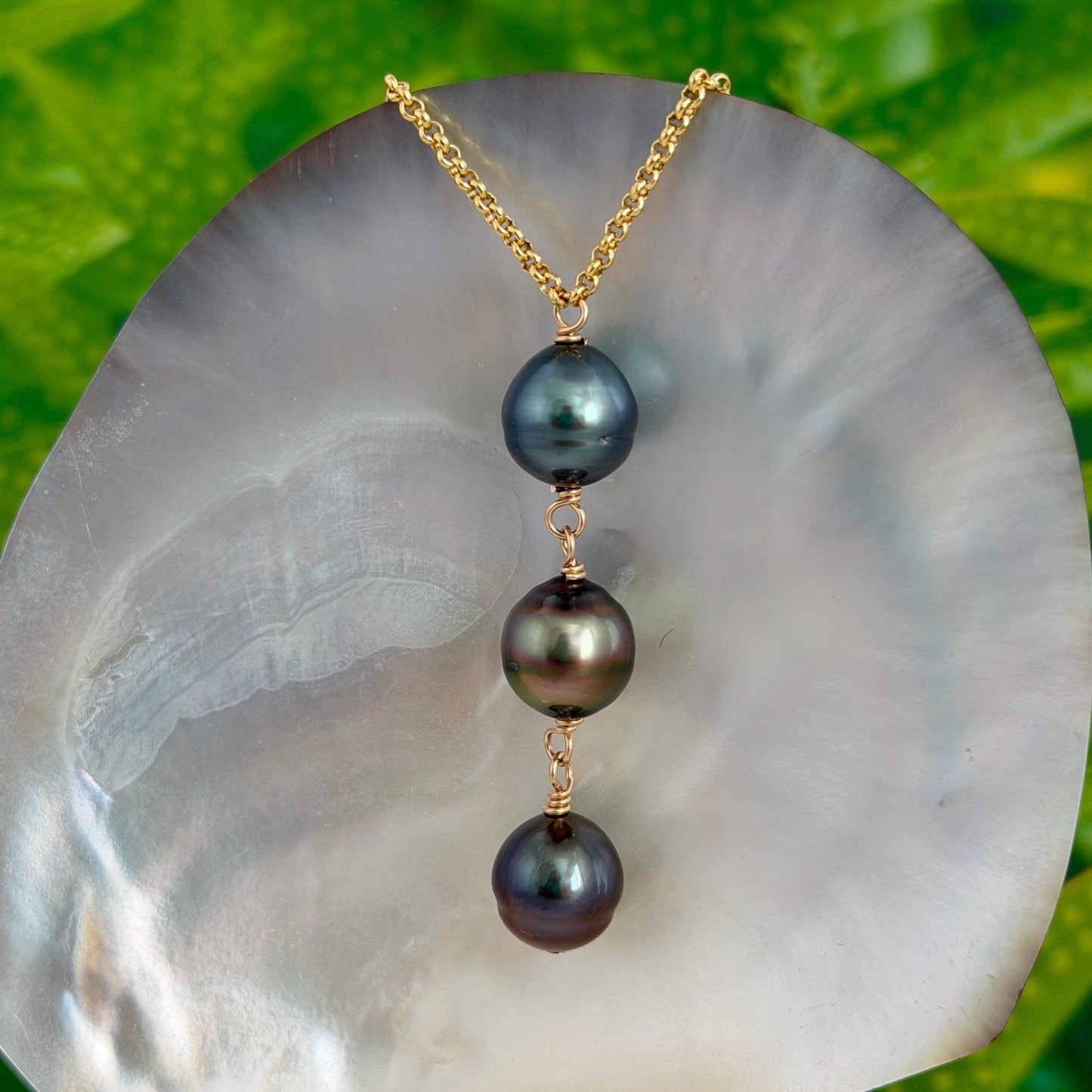 Tahitian Pearl Necklace – Big Triple Trio 11mm • 14k Gold-Filled Chain