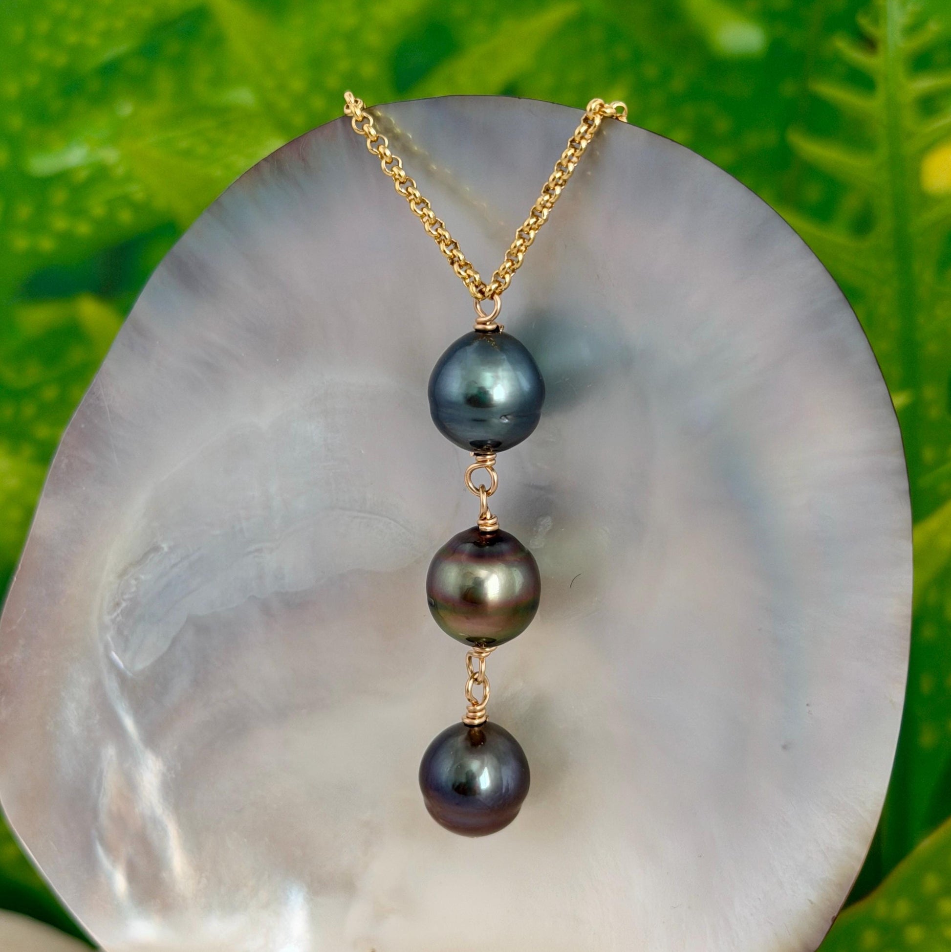 Tahitian Pearl Necklace – Big Triple Trio 11mm • 14k Gold-Filled Chain