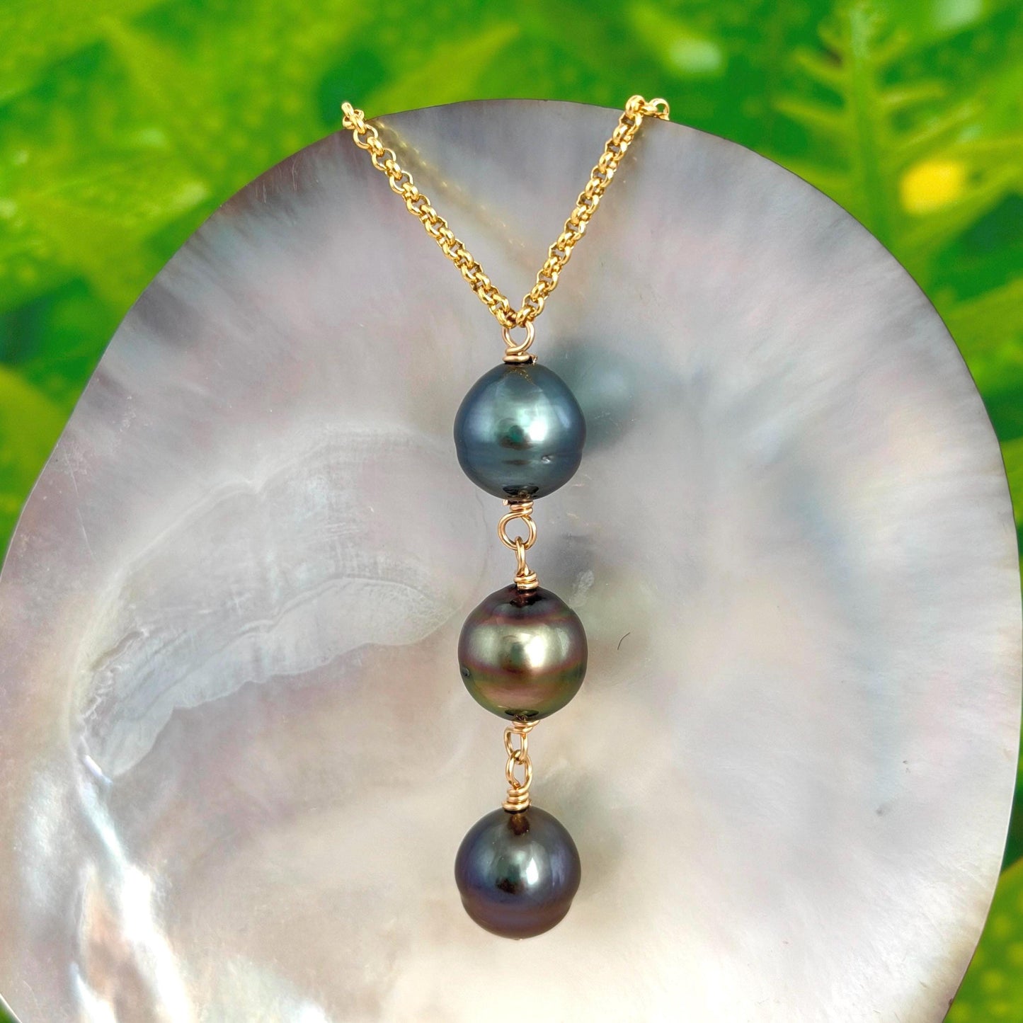 Tahitian Pearl Necklace – Big Triple Trio 11mm • 14k Gold-Filled Chain