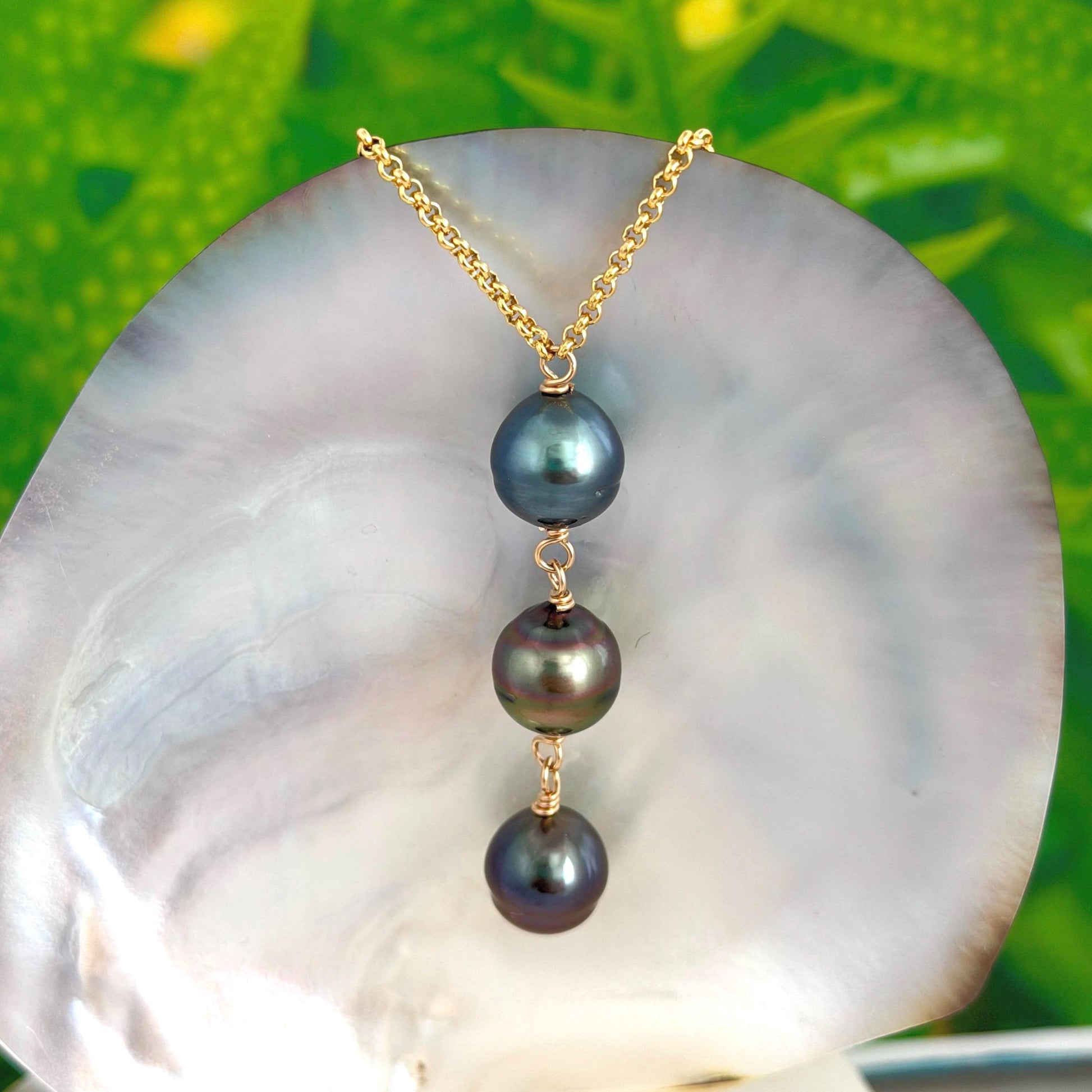 Tahitian Pearl Necklace – Big Triple Trio 11mm • 14k Gold-Filled Chain