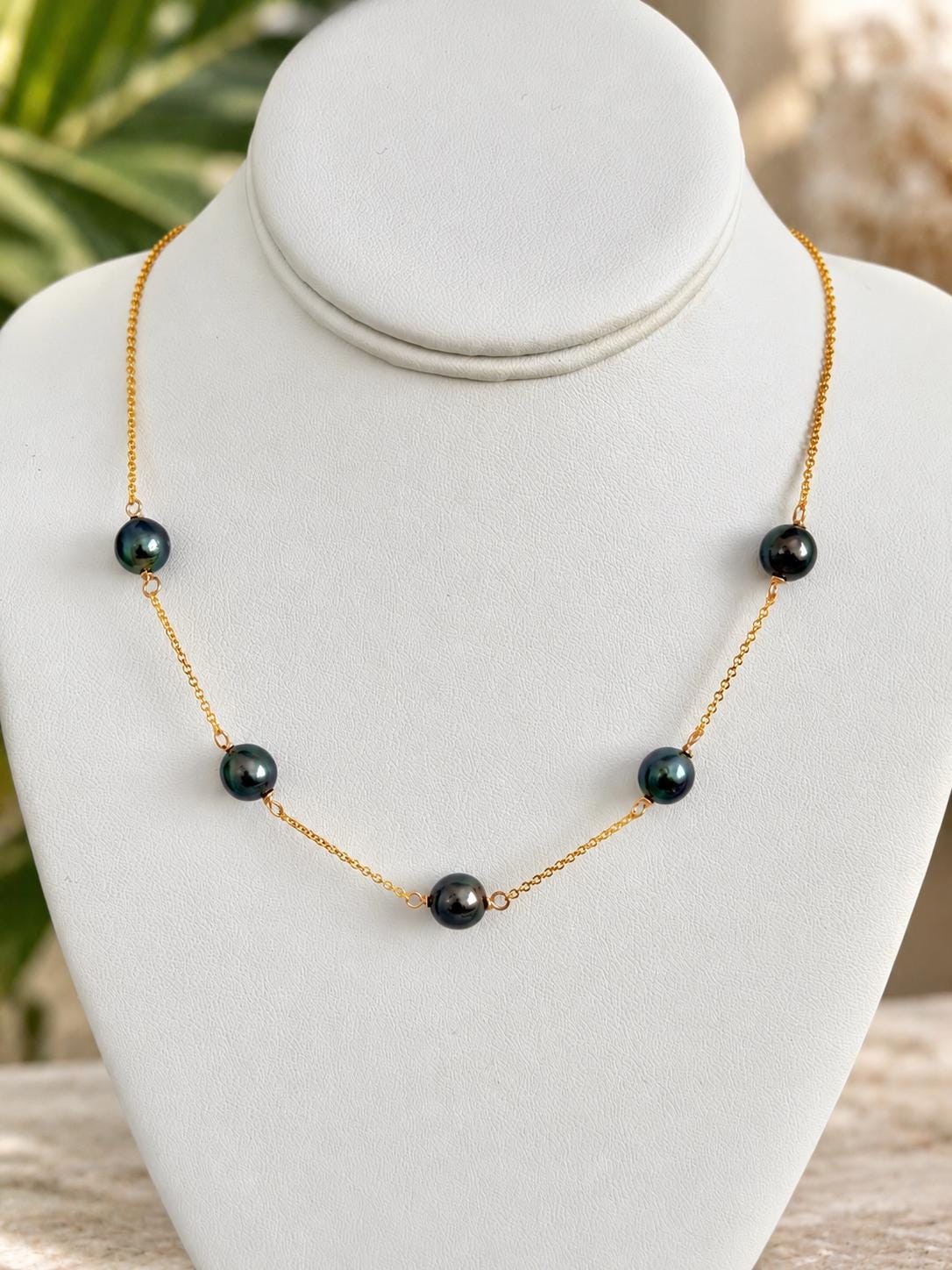 Tahitian Pearl necklace • Five gems • 14k gold filled chain