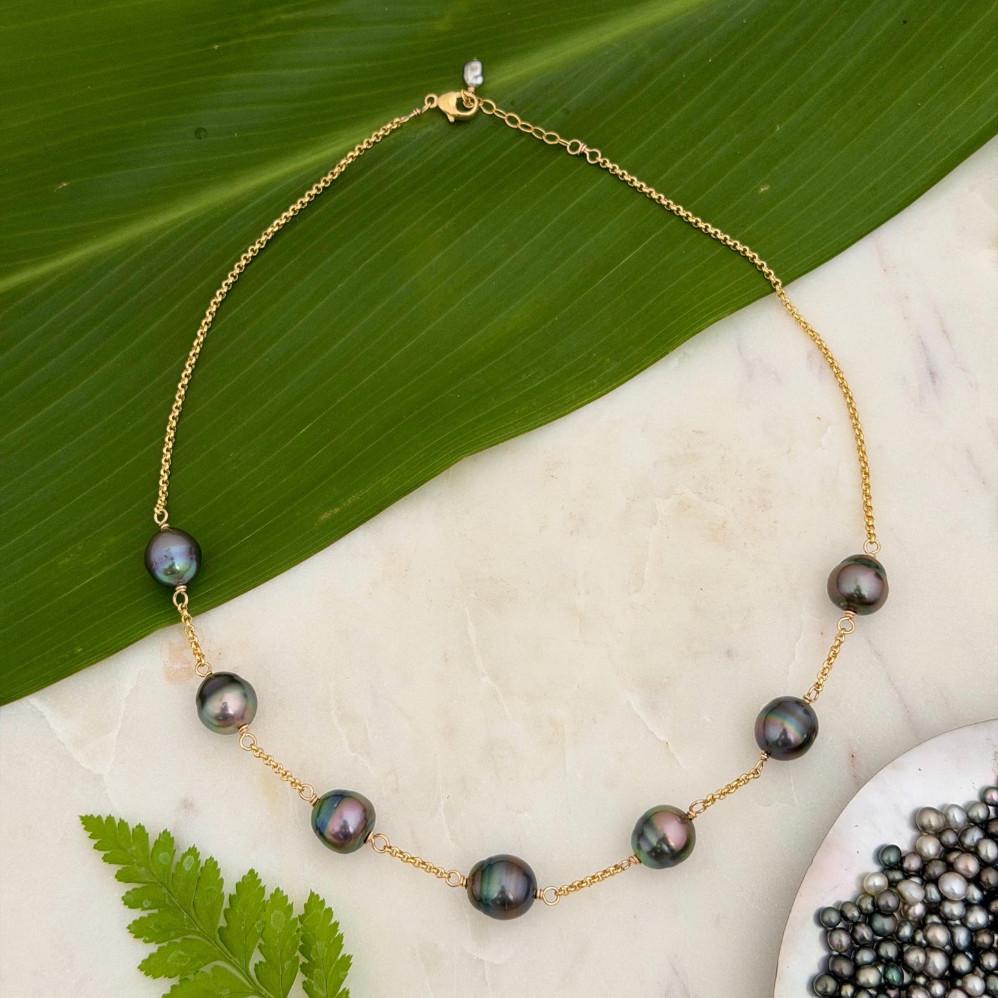 Tahitian Pearl necklace • Seven 11mm gems • 14k gold filled chain