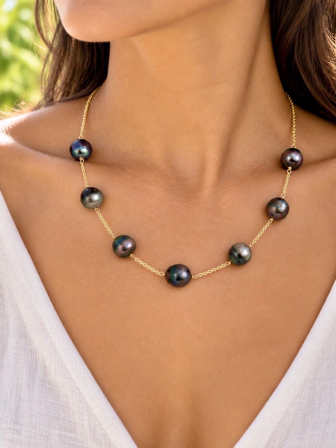 Tahitian Pearl necklace • Seven 11mm gems • 14k gold filled chain