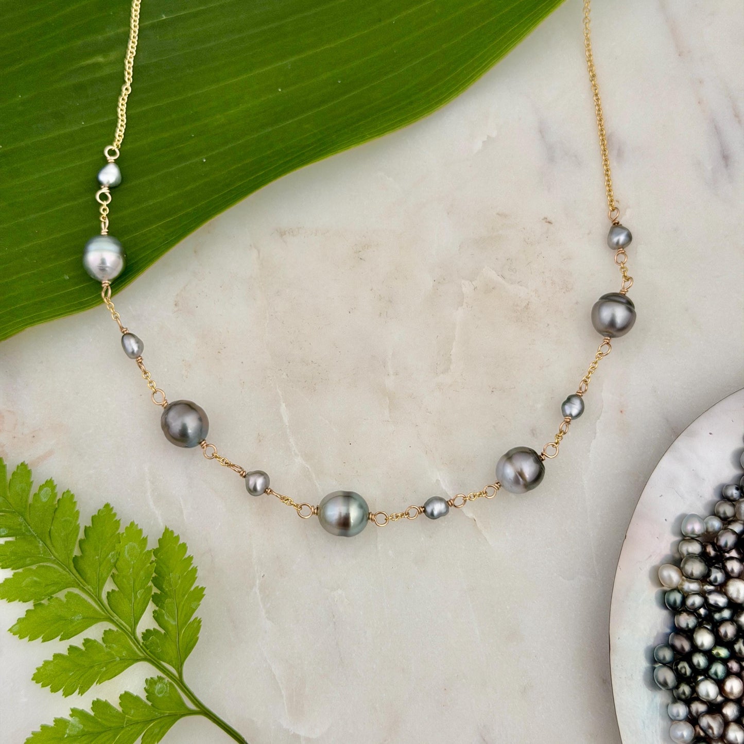 Tahitian Pearl Necklace with Keshis • Gold Filled Chain • Handmade in Hawaii • Pastel colors