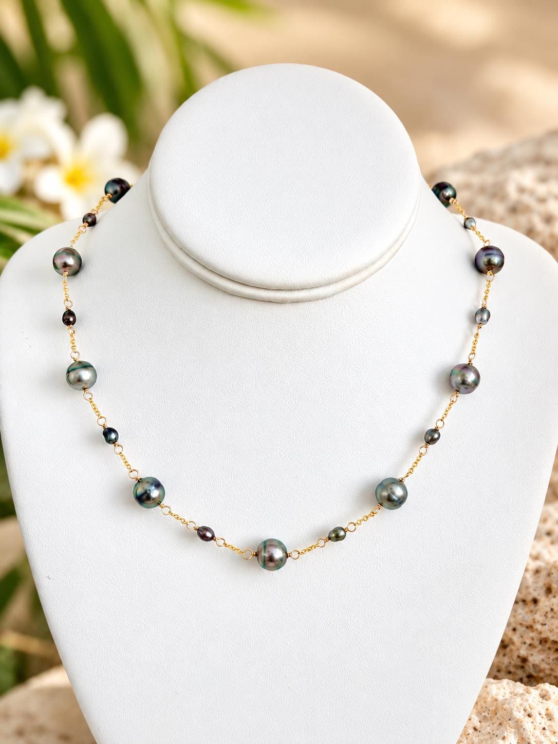 Tahitian Pearl Necklace with Keshis • Gold Filled Chain • Handmade in Hawaii • multicolor