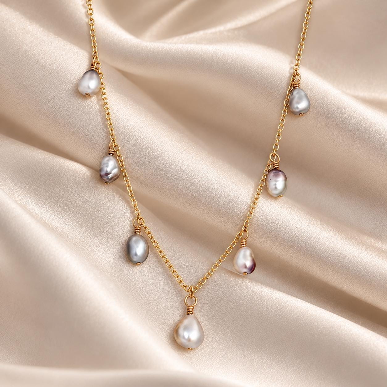 Tahitian Keshi Pearl necklace • 7 Light gems in 14k Gold filled