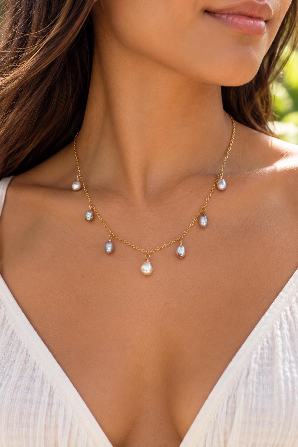Tahitian Keshi Pearl necklace • 7 Light gems in 14k Gold filled