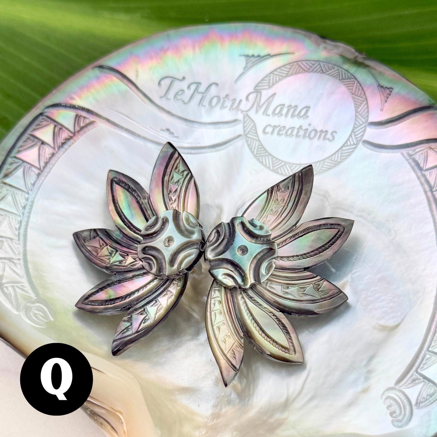 Mother of Pearl Shell earrings • Engraved Tattoo design • Tropical