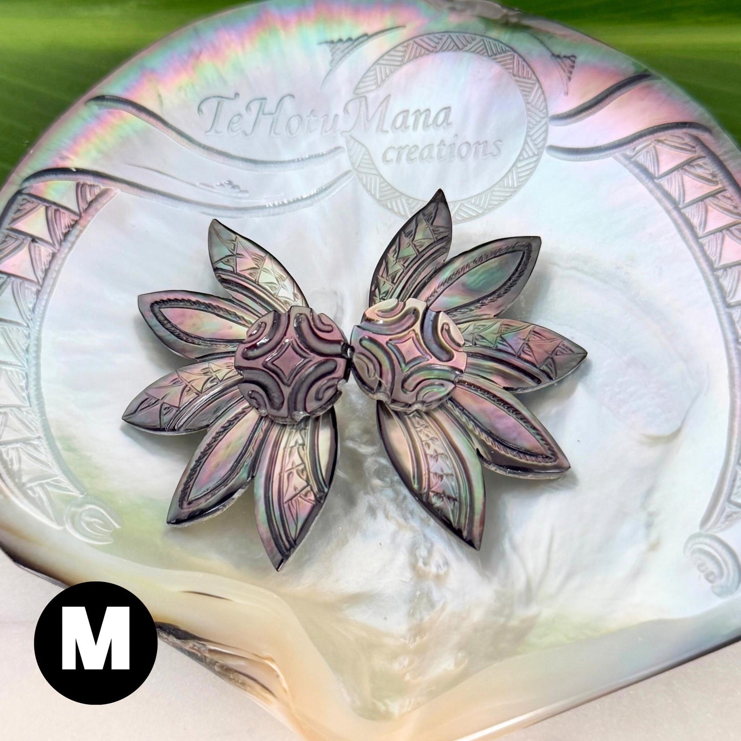 Mother of Pearl Shell earrings • Engraved Tattoo design • Tropical