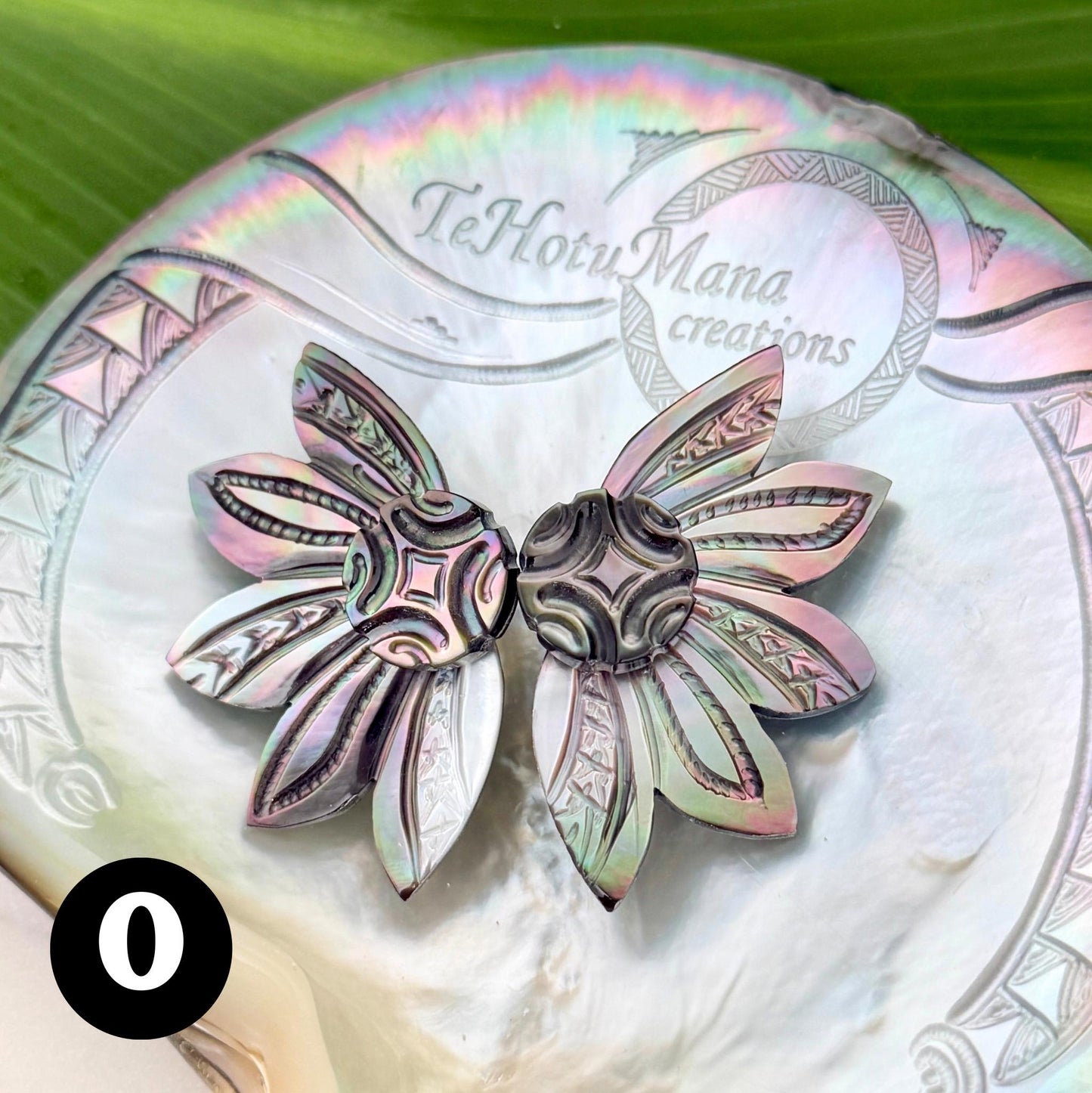 Mother of Pearl Shell earrings • Engraved Tattoo design • Tropical