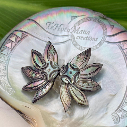 Mother of Pearl Shell earrings • Engraved Tattoo design • Tropical