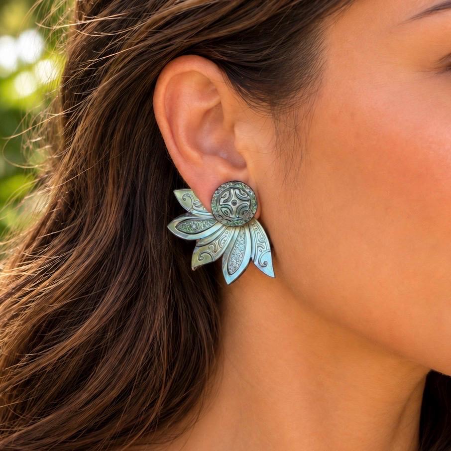 Mother of Pearl Shell earrings • Engraved Tattoo design • Tropical