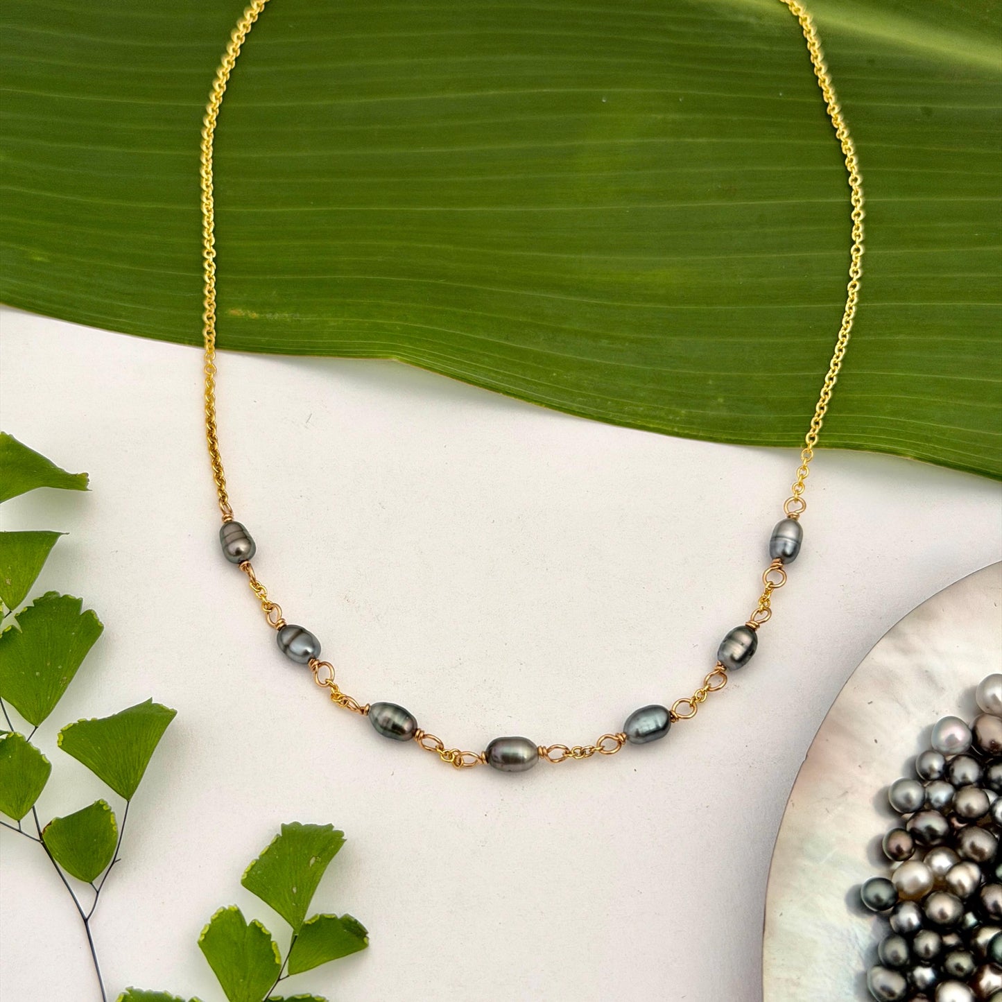 Tahitian Keshi Pearl Necklace: Gold Filled or Sterling Silver • 7 Keshis