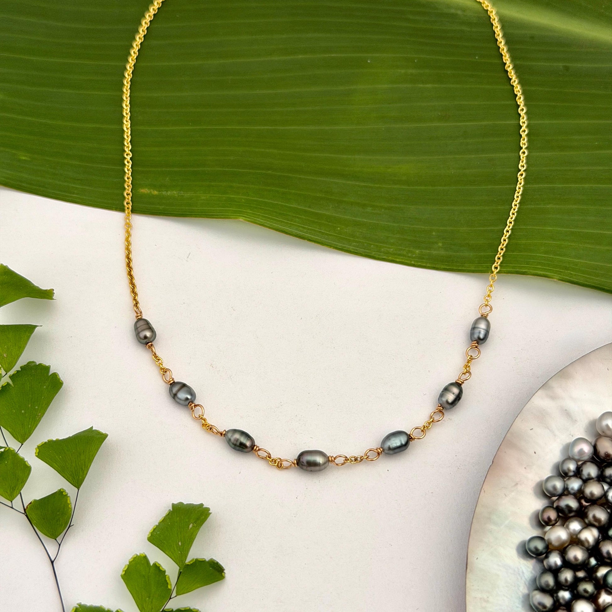 Tahitian Keshi Pearl Necklace: Gold Filled or Sterling Silver • 7 Keshis