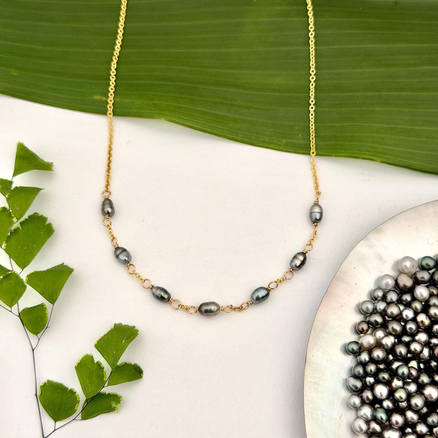 Tahitian Keshi Pearl Necklace: Gold Filled or Sterling Silver • 7 Keshis