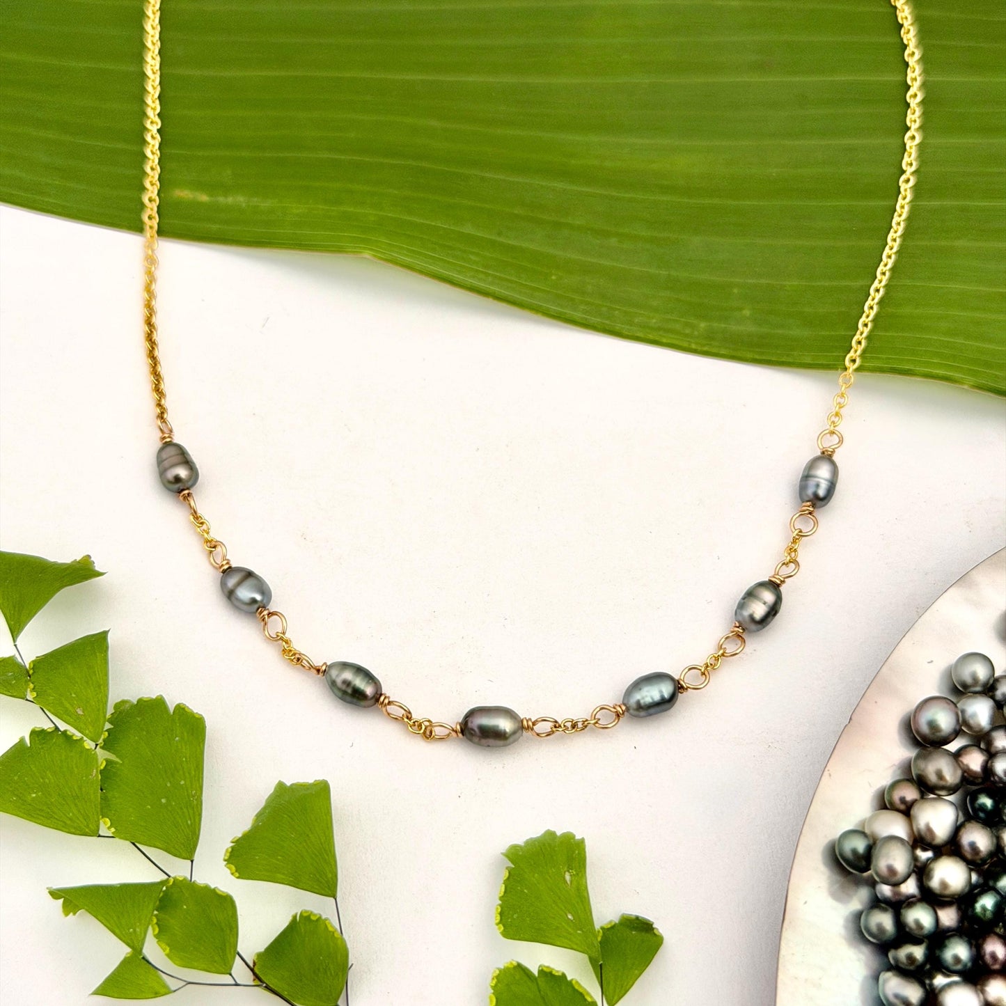 Tahitian Keshi Pearl Necklace: Gold Filled or Sterling Silver • 7 Keshis