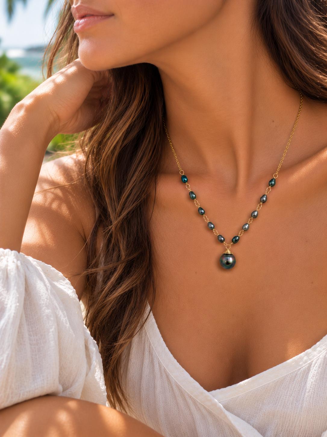 Tahitian Pearl & Keshi Necklace • Peacock color blue green pink